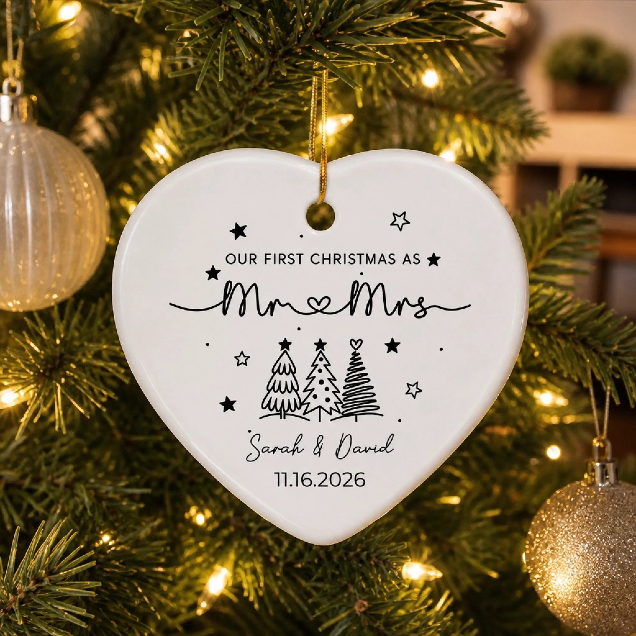 Custom Mr & Mrs Ceramic Ornament, Personalized First Christmas Married Keepsake Gift for Couple