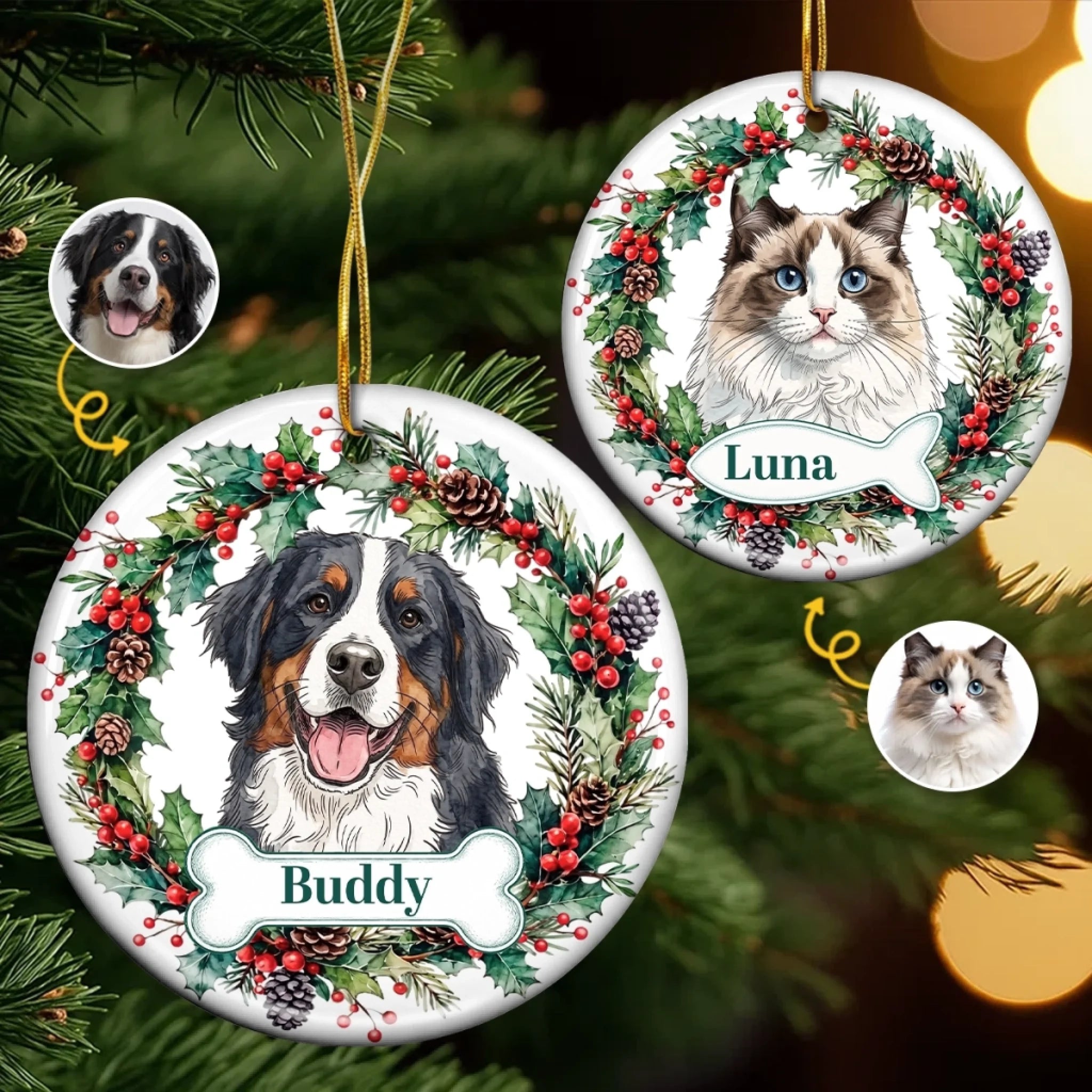 Custom Photo Ceramic Ornament Personalized Pet Memorial Christmas Sympathy Gift for Dogs and Cats