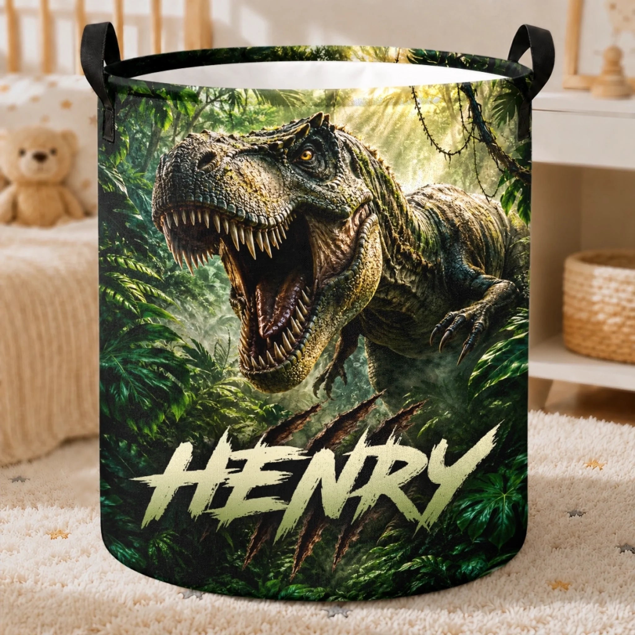 Custom Dino Explorer Laundry Basket for Kids, Personalized Birthday Gift