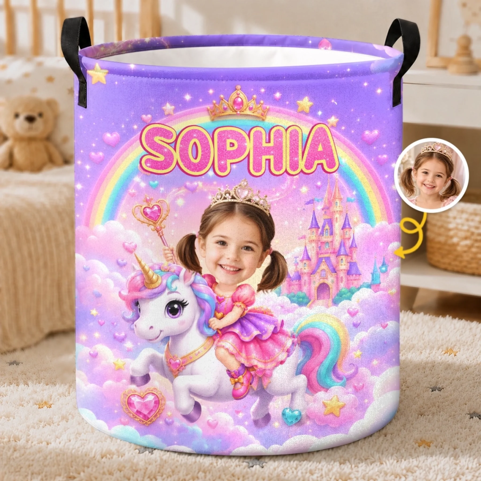 Custom Photo Laundry Basket, Personalized Birthday Gift for Kids, Sweet As A Fairytale Design