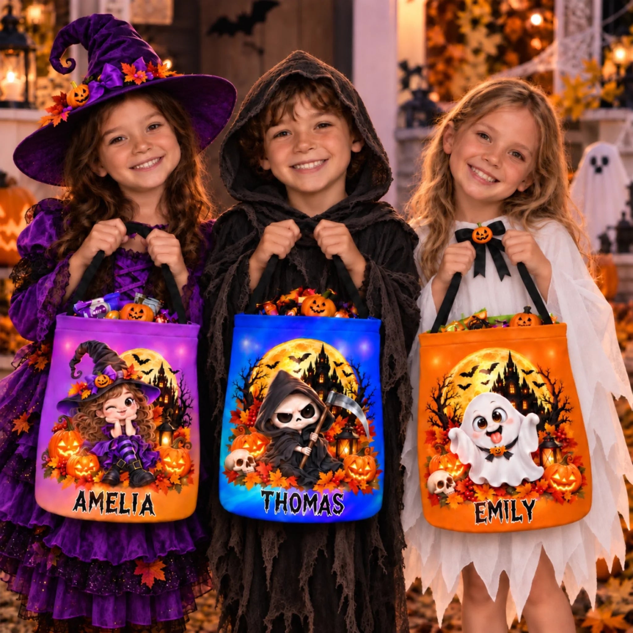 Custom Photo LED Light Bucket Bag - Personalized Halloween Birthday Gift for Kids Little Monsters