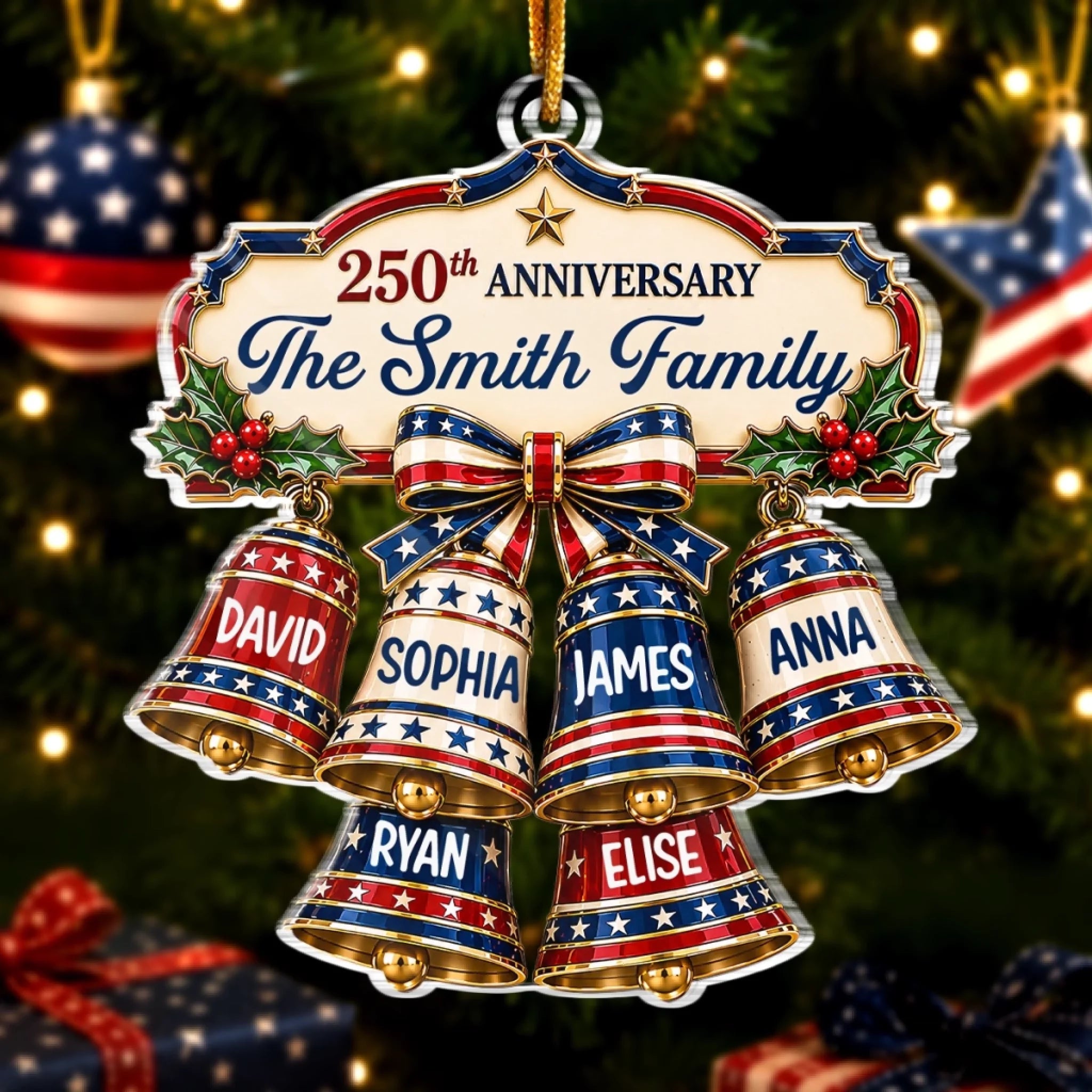 Custom Acrylic Christmas Bell Family Ornament Personalized America 250th Anniversary Gift for Mom Dad
