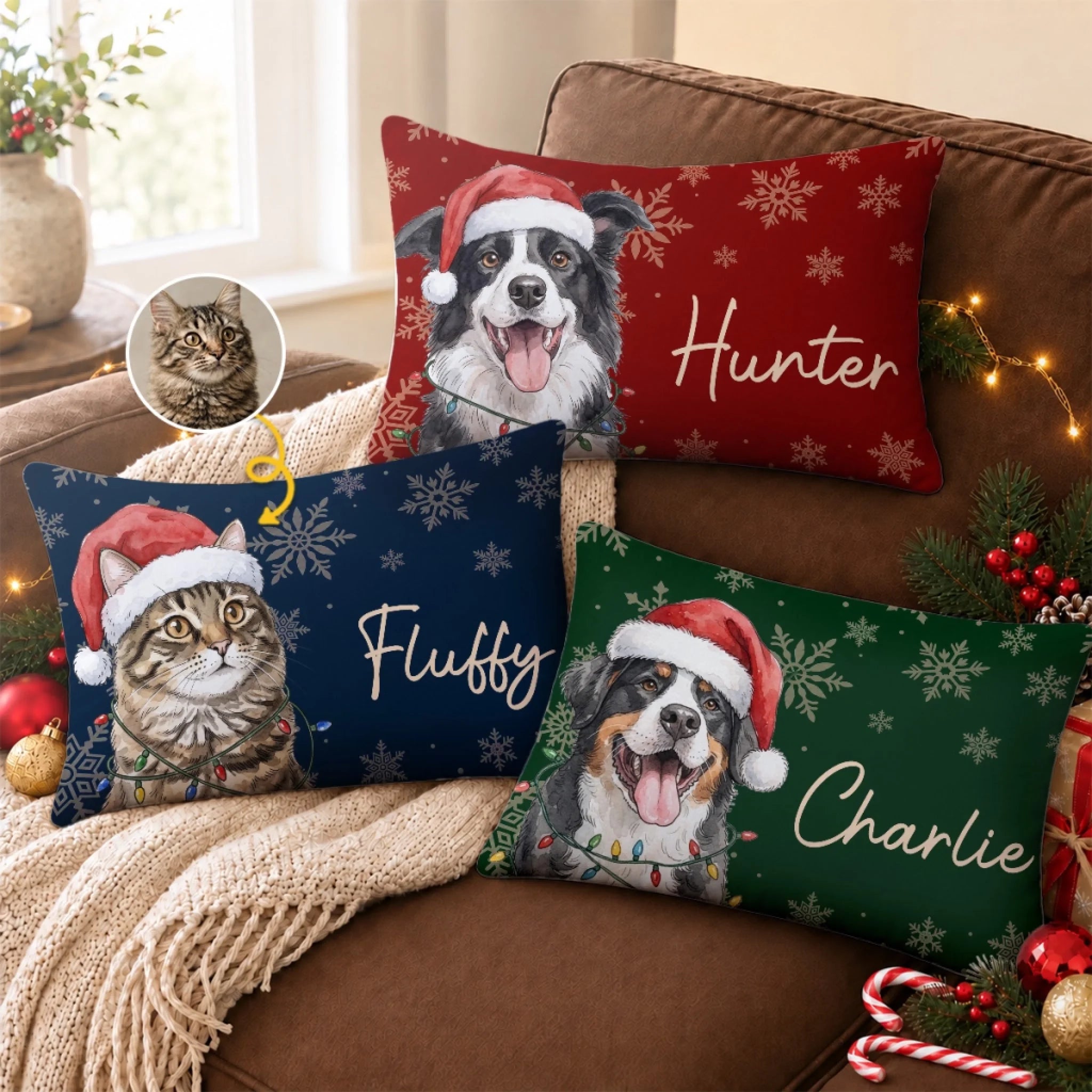 Custom Photo Woven Pillow Personalized Christmas or Birthday Gift for Dog and Cat Lovers