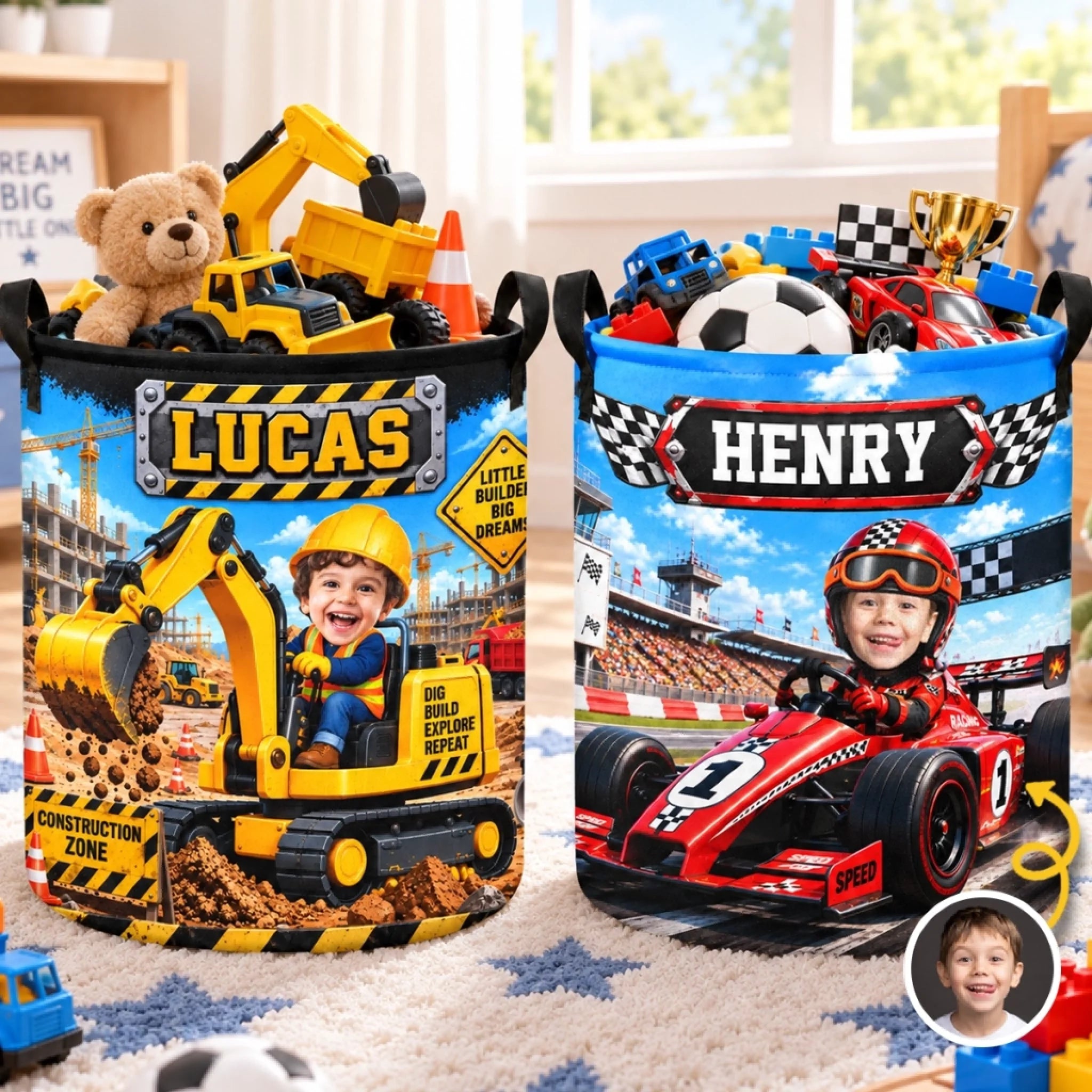 Custom Photo Laundry Basket Personalized Birthday Gift for Kids Built To Explore