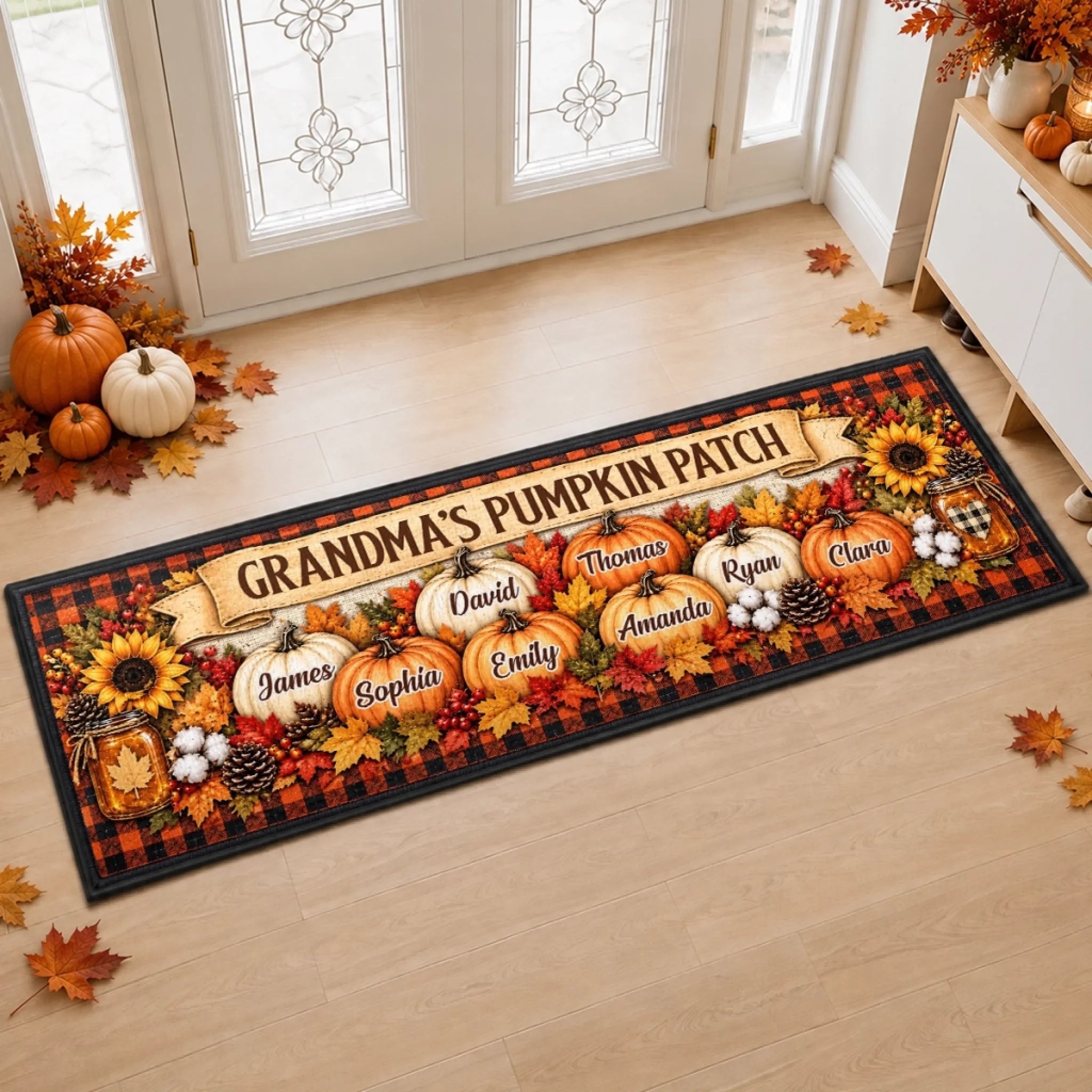 Custom Pumpkin Runner Rug, Personalized Fall Blessings Hallway Rug, Birthday Gift for Mom Dad Siblings