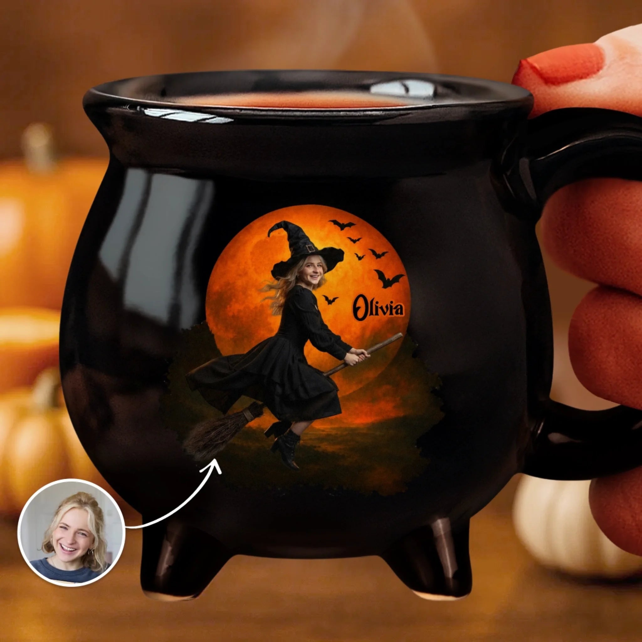 Custom Photo Witchy 12oz Ceramic Cauldron Coffee Mug, Personalized Halloween Gift for Her