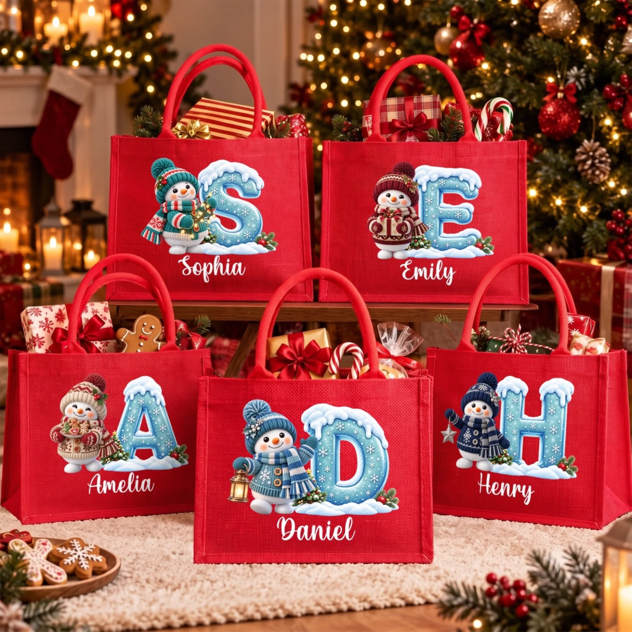 Personalized Snowman Burlap Tote Bag, Custom Christmas Birthday Gift for Family – Our Hearts Glow Brighter