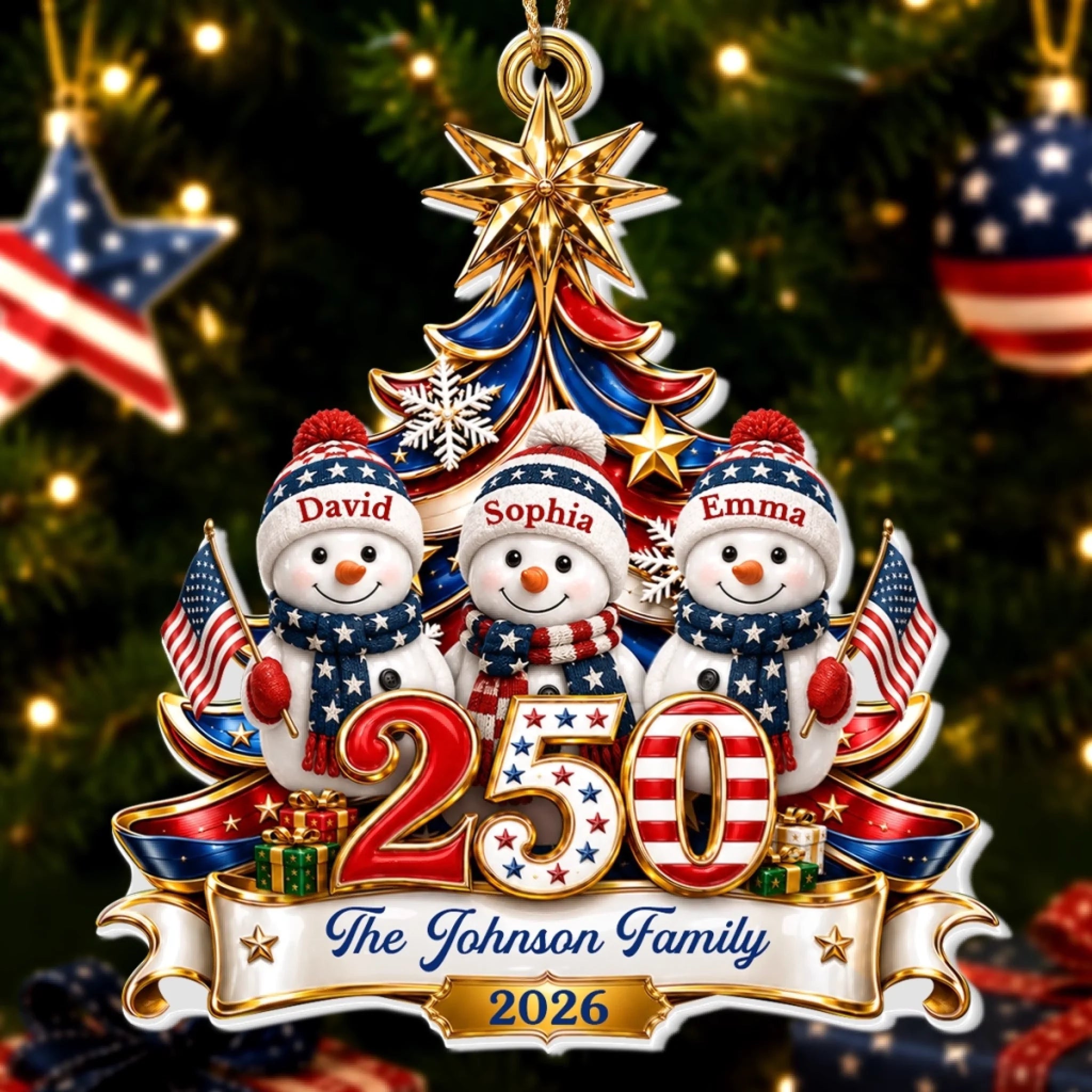Custom Snowman Premium 3D Ornament Personalized America 250th Anniversary Christmas Gift