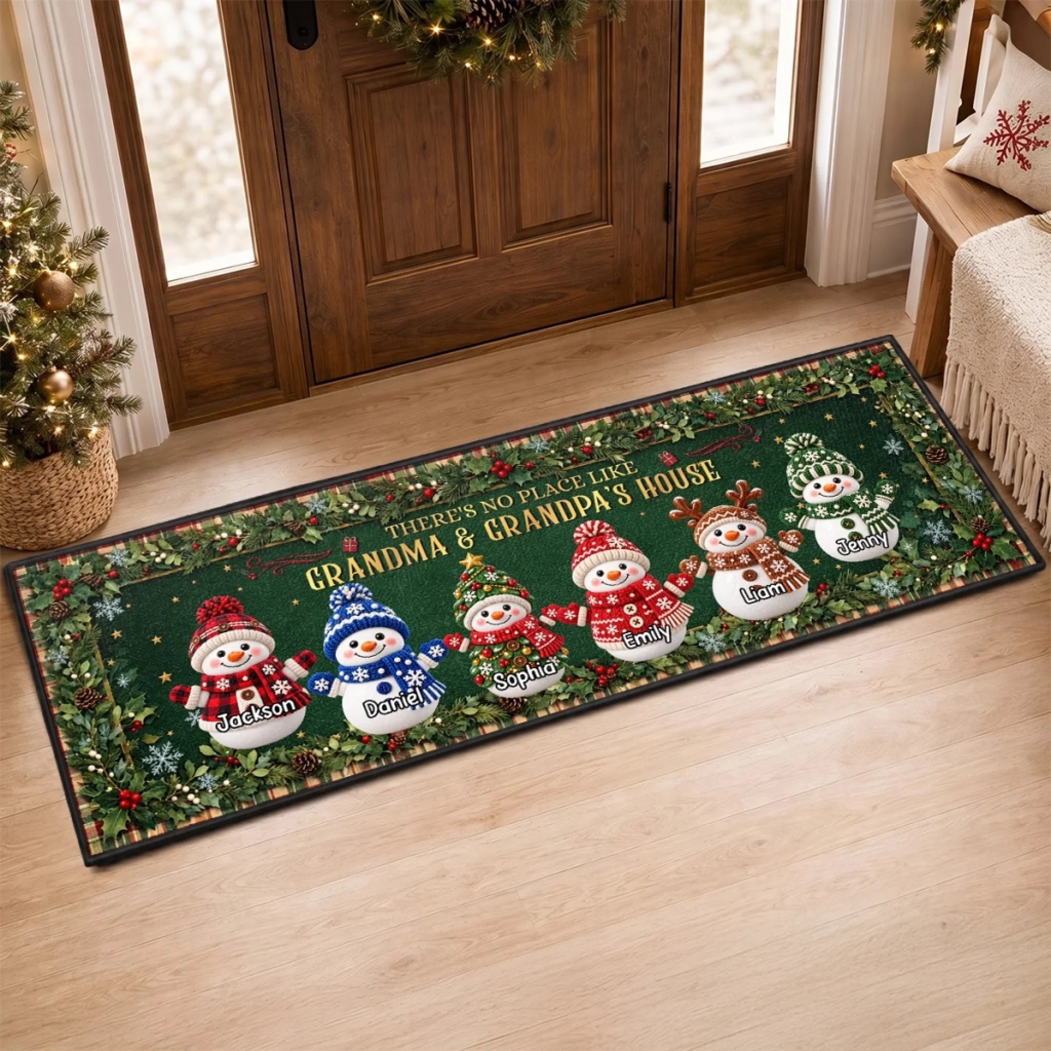 Custom Snowman Runner Rug, Personalized Christmas Gift for Grandma and Grandpa, Making Memories Together
