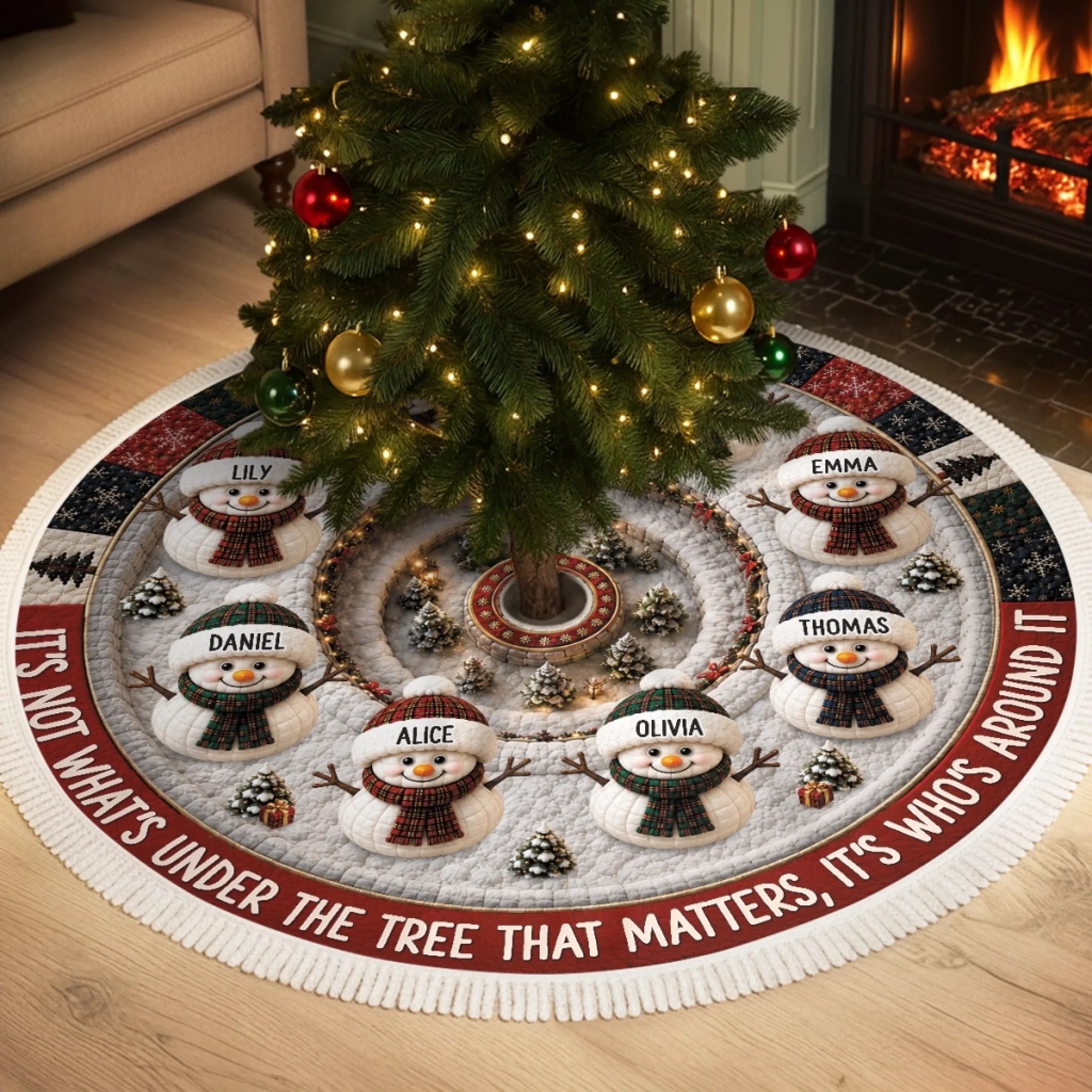 Custom Snowman Tree Skirt Personalized Christmas Gift for Mom Dad Brother Sister Warmest Wishes Home
