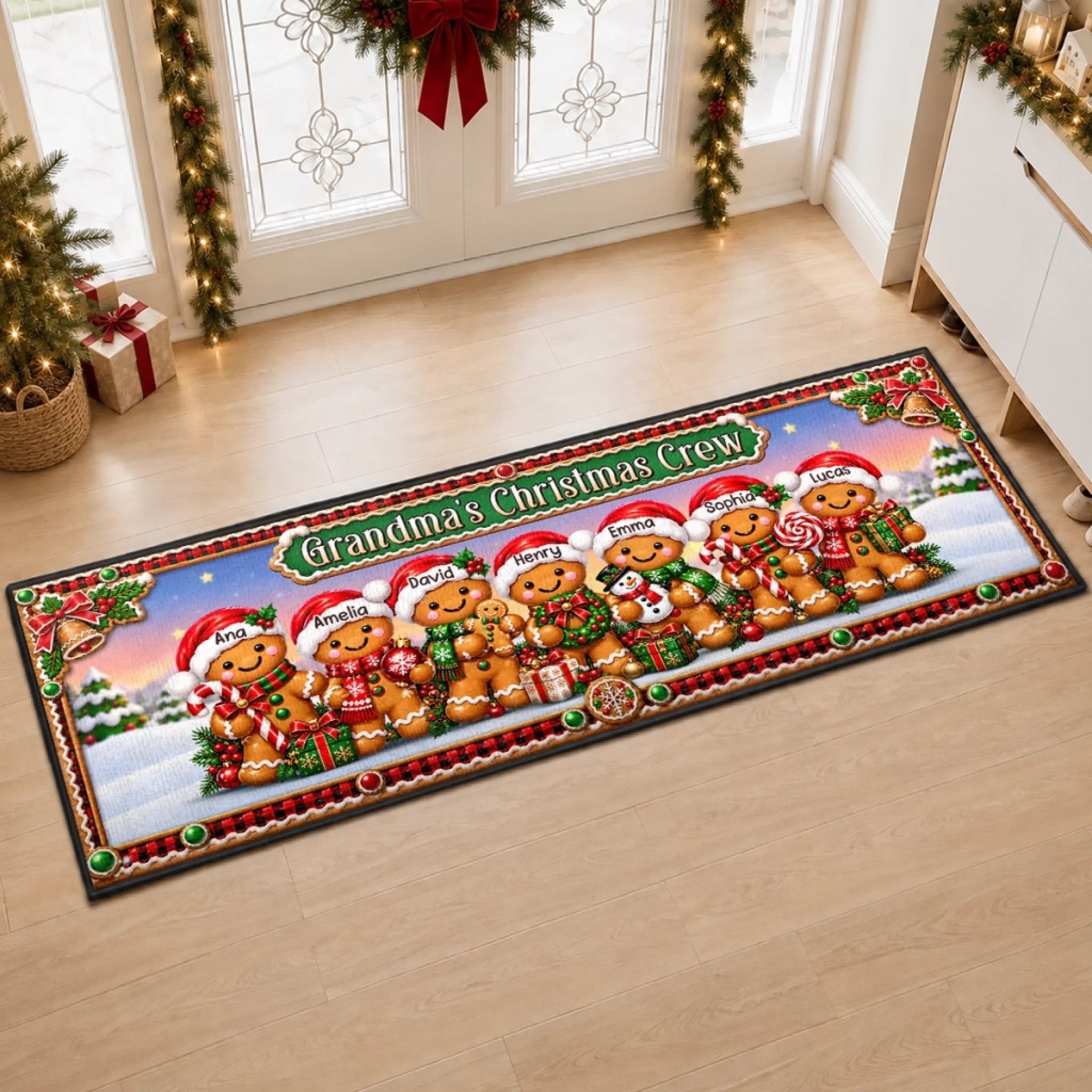 Custom Gingerbread Runner Rug, Personalized Christmas Birthday Gift for Grandma and Grandpa