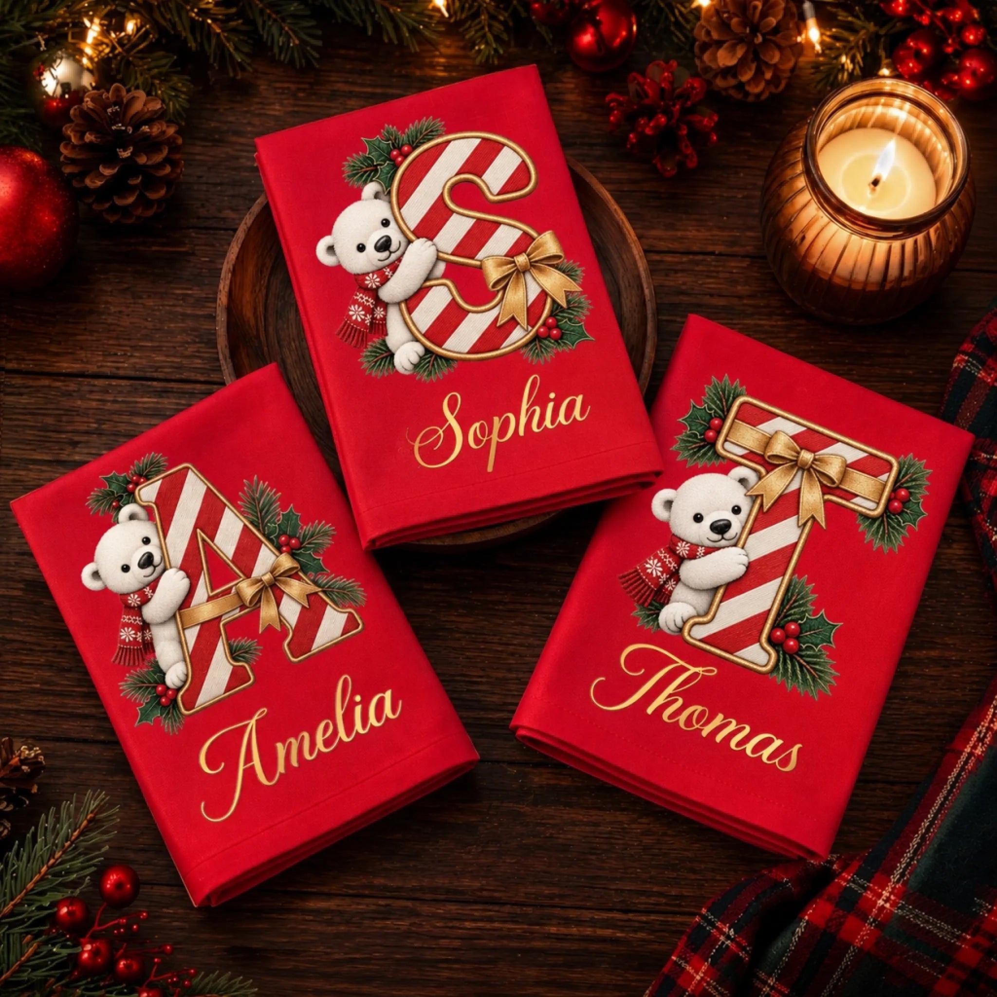 Personalized Cotton Napkin, Beary Merry Christmas Custom Gift for Mom, Dad or Siblings