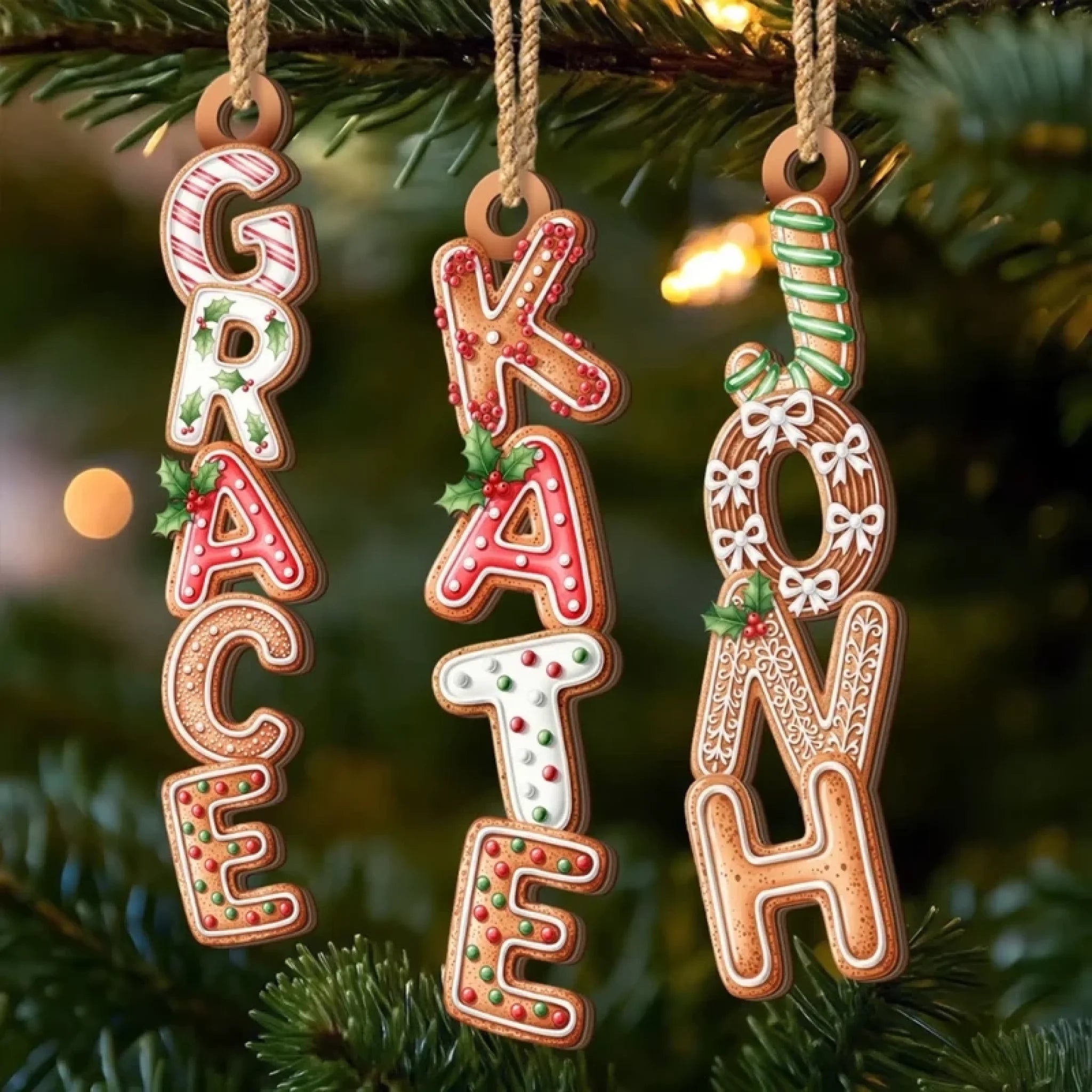 Custom Gingerbread Letter Wooden Ornament Personalized Christmas Birthday Gift for Family
