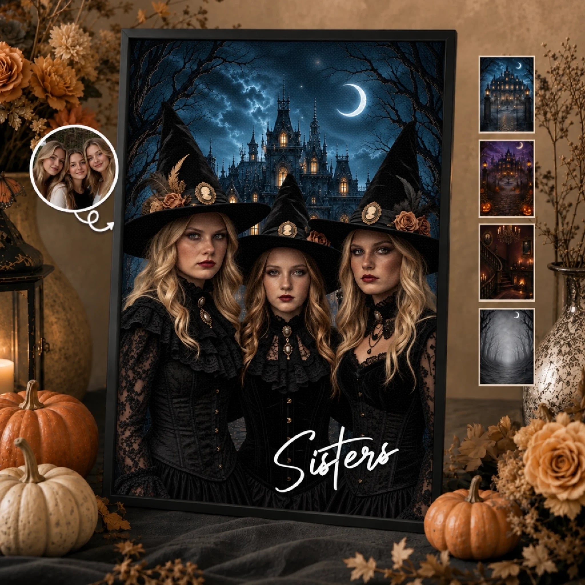 Custom Photo Gothic Witch Vertical Poster Personalized Halloween Gift for Best Friends, Sisters and BFFs