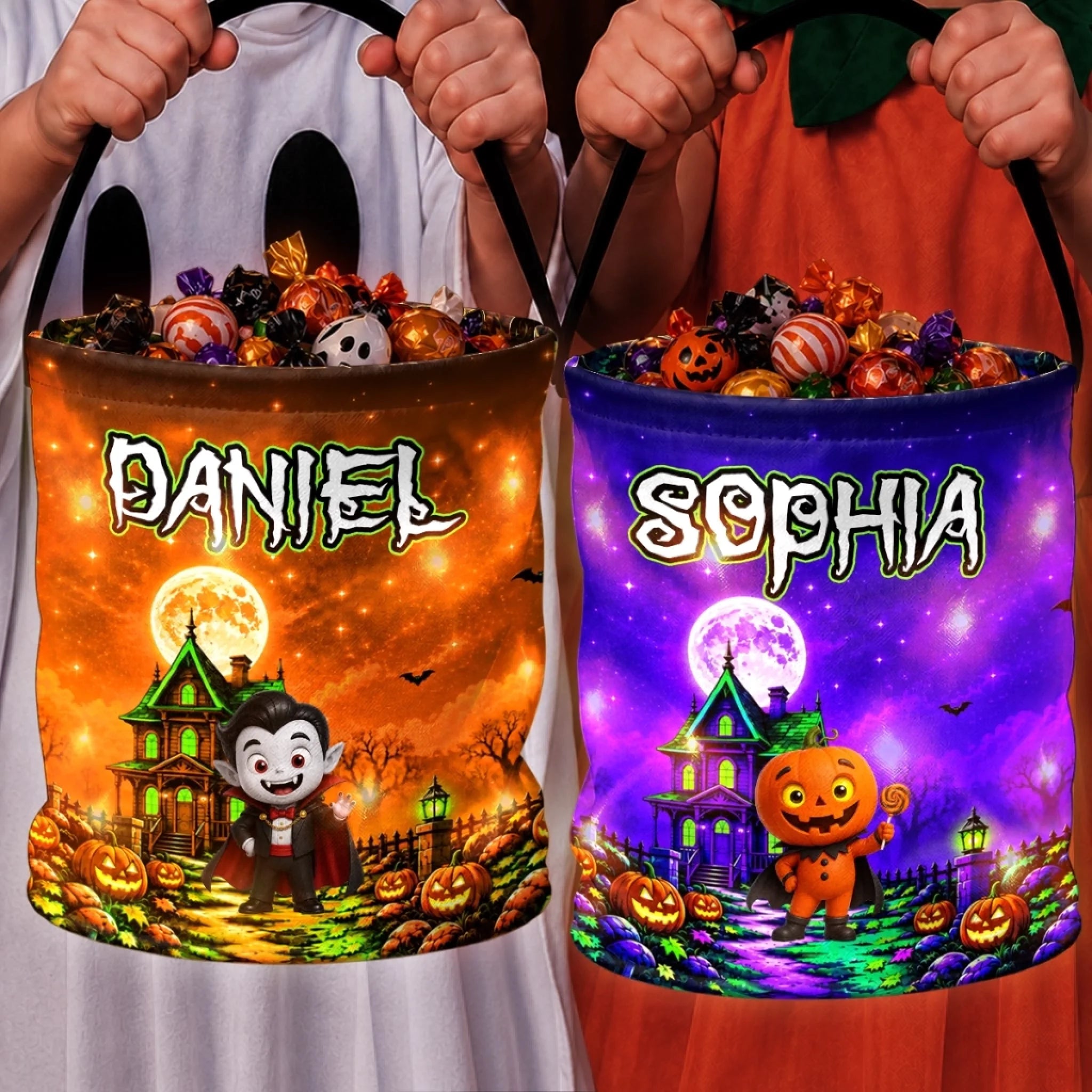Custom LED Light Bucket Bag, Personalized Halloween Trick-or-Treat Gift for Kids Birthdays