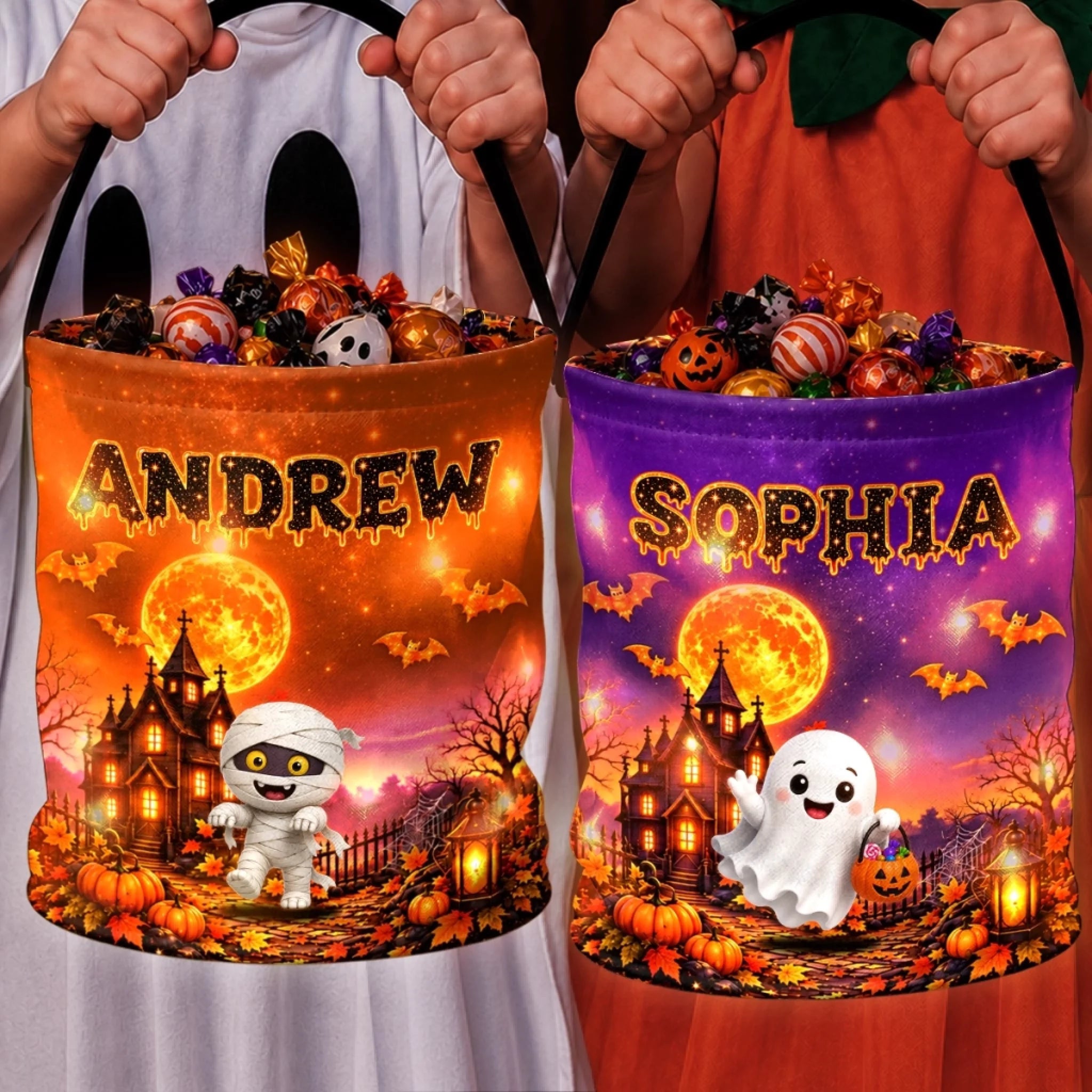 Personalized LED Light Bucket Bag for Kids, Custom Halloween Candy Tote & Birthday Gift