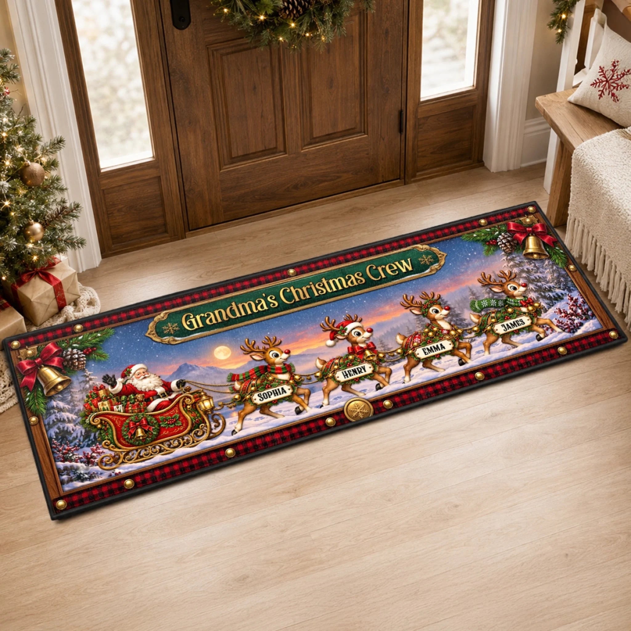 Custom Reindeer Runner Rug, Personalized Christmas Gift for Grandma and Grandpa, Santa's Reindeer Crew