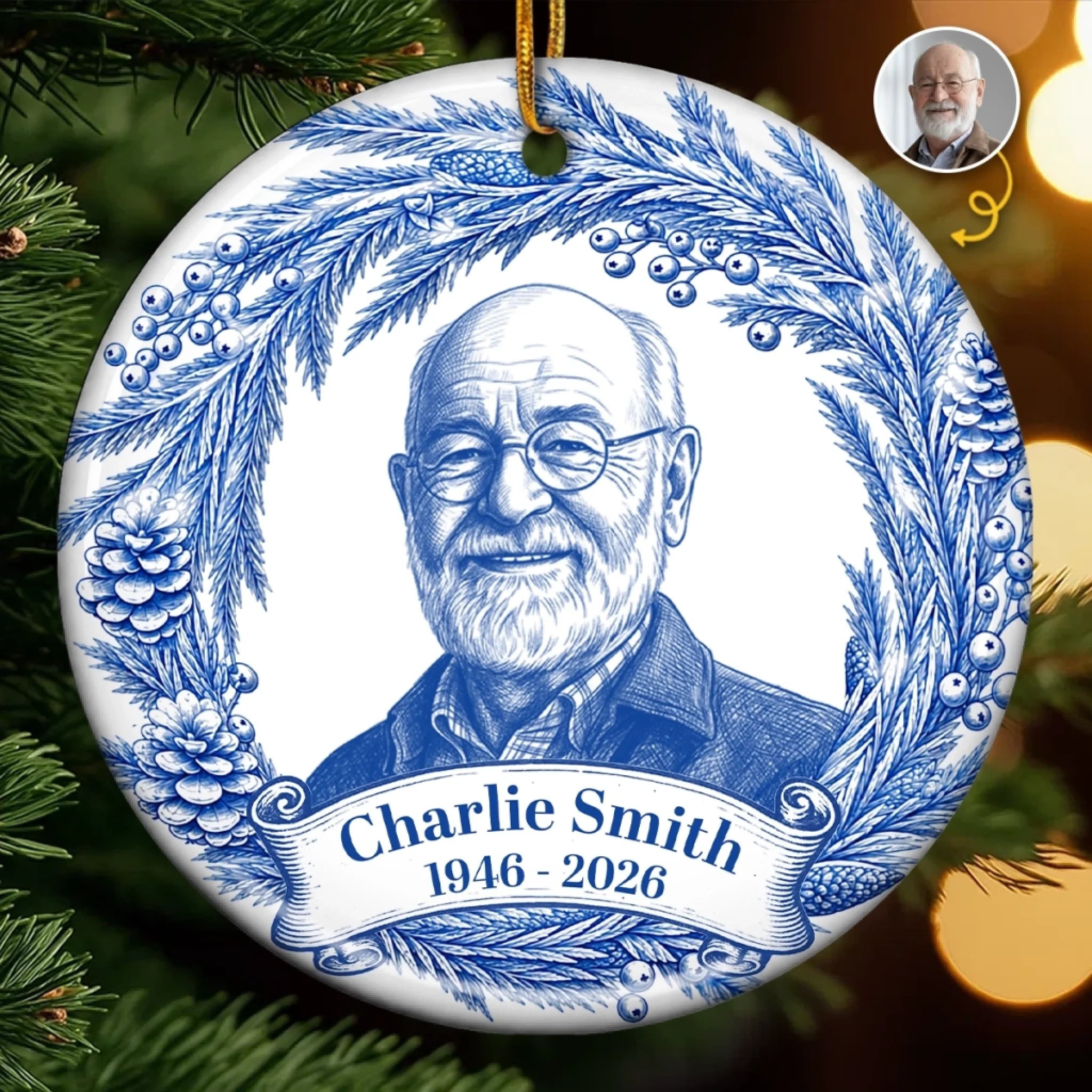 Personalized Custom Photo Ceramic Ornament, Christmas Memorial Sympathy Gift for Loss of Mom or Dad