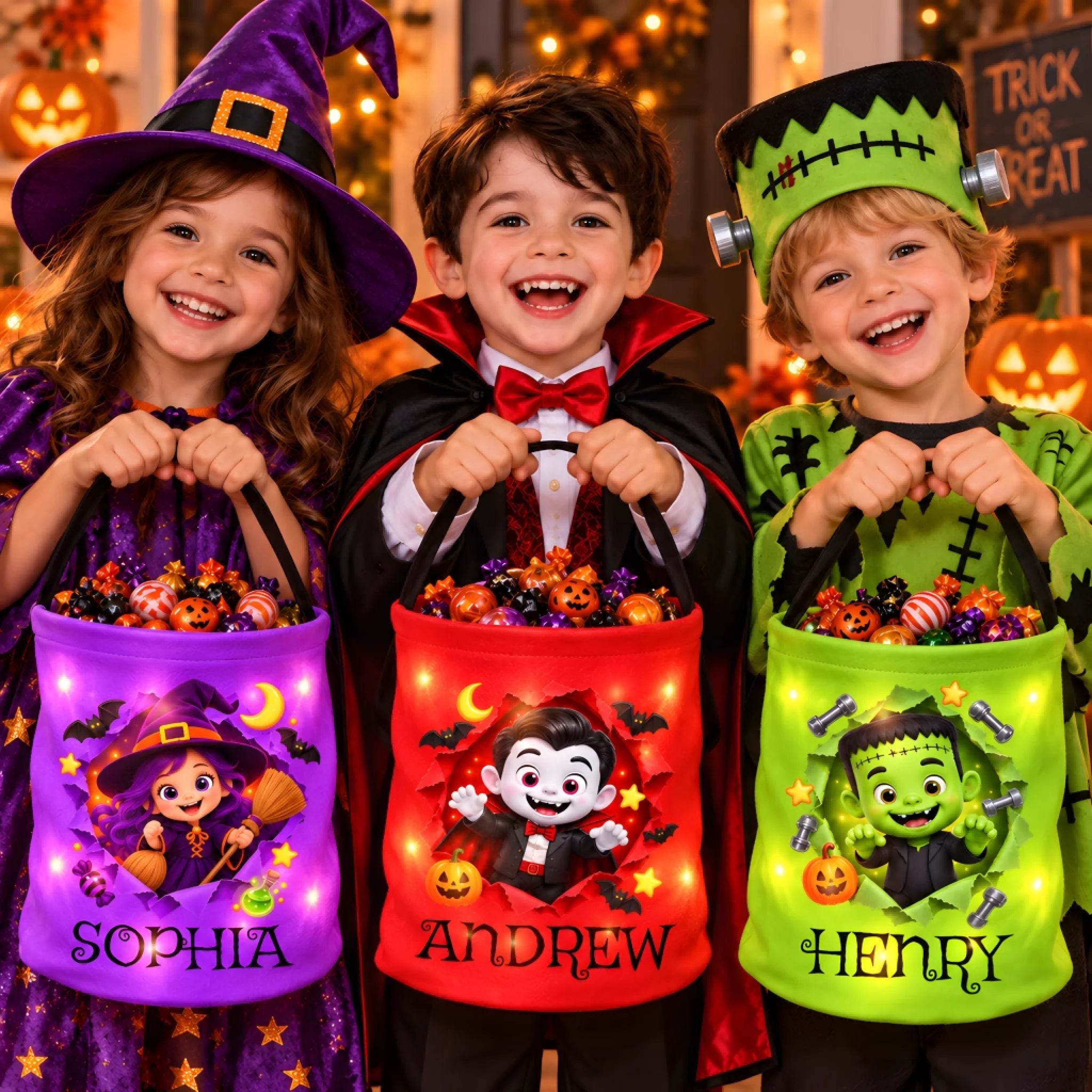 Custom LED Light Bucket Bag Personalized Halloween Birthday Gift for Kids Spooky Little Sidekick