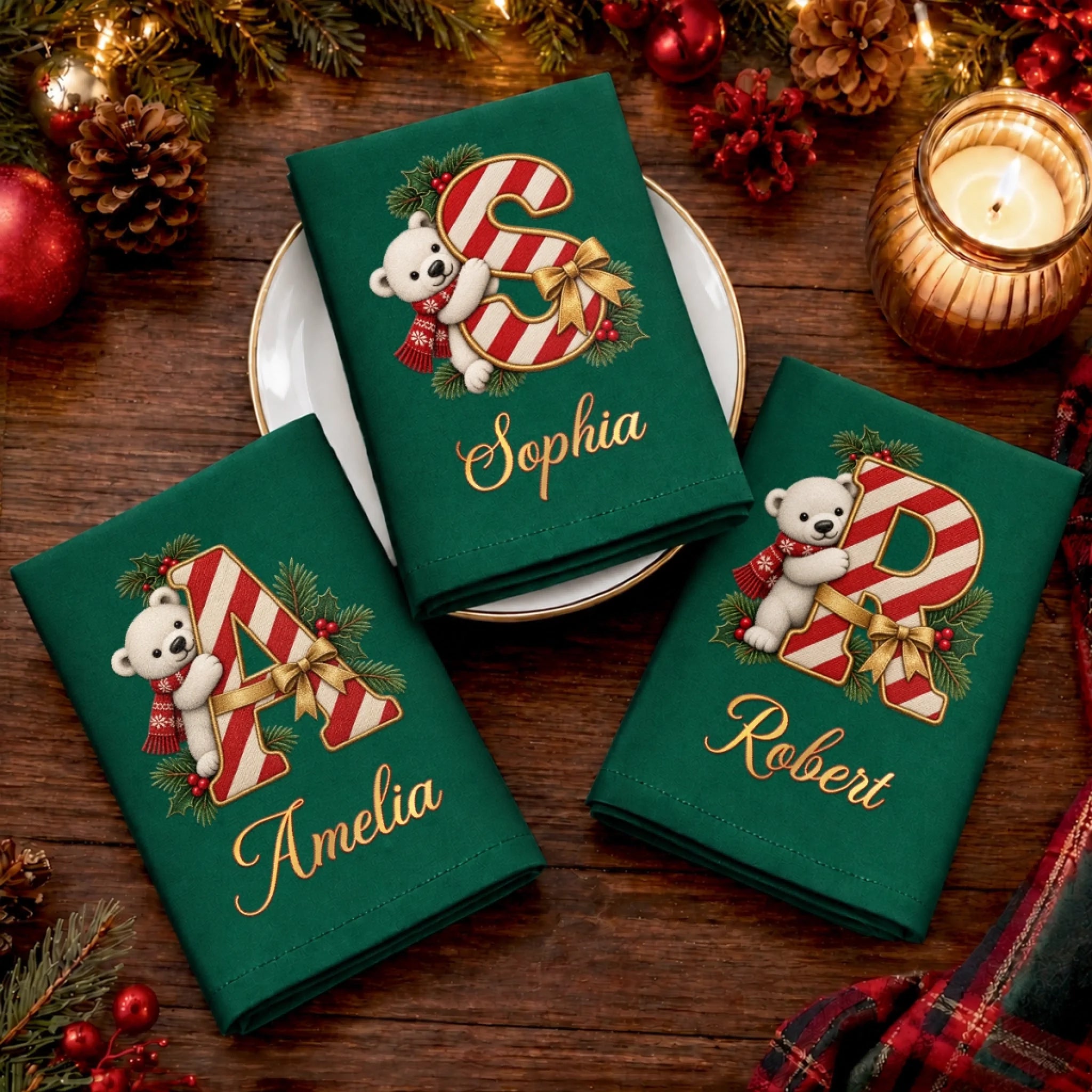 Personalized Custom Cotton Napkin, Beary Merry Wishes Christmas Birthday Gift for Mom Dad Brother Sister