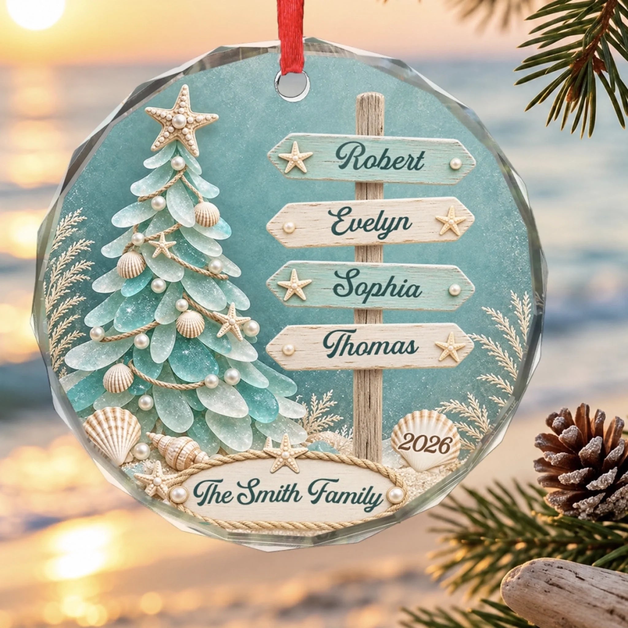 Personalized Sea Glass Circle Glass Ornament, Custom Family Christmas or Birthday Gift