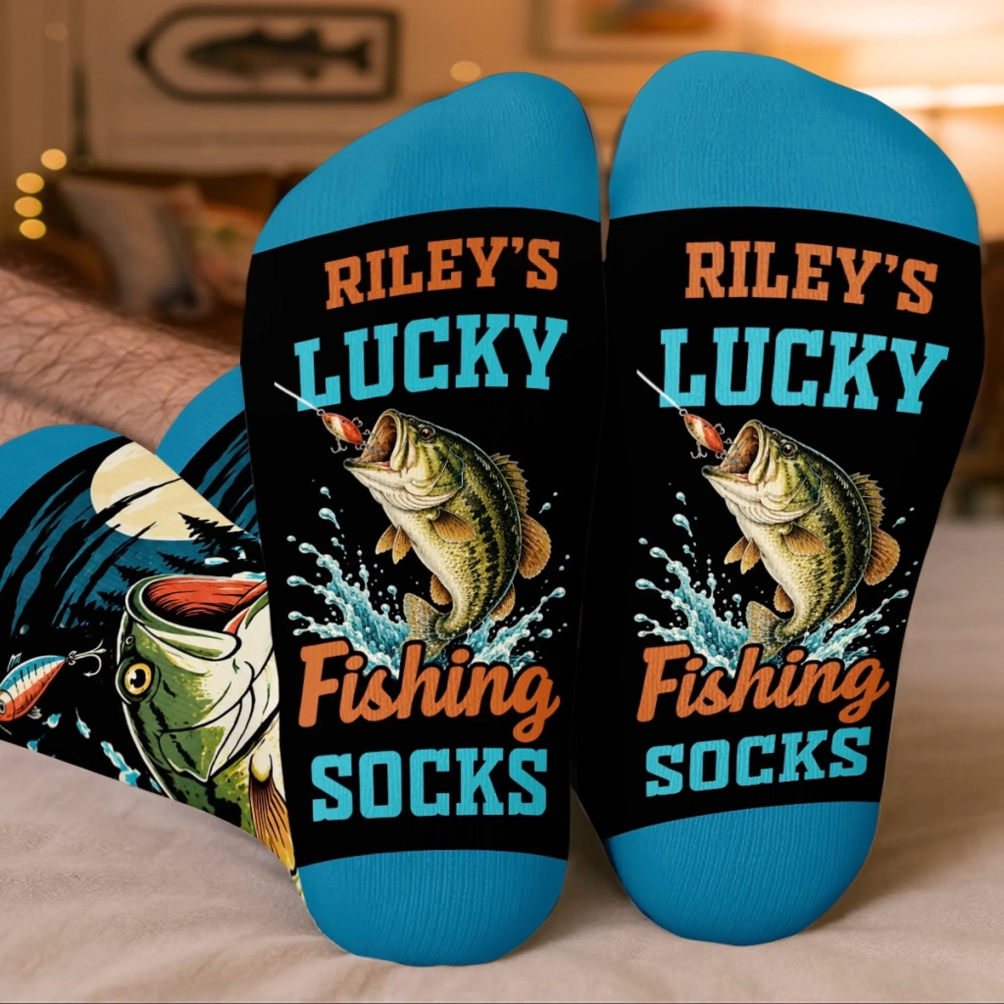 Custom Crew Socks, Personalized Birthday Fishing Gift for Fishermen, Big Fish Design