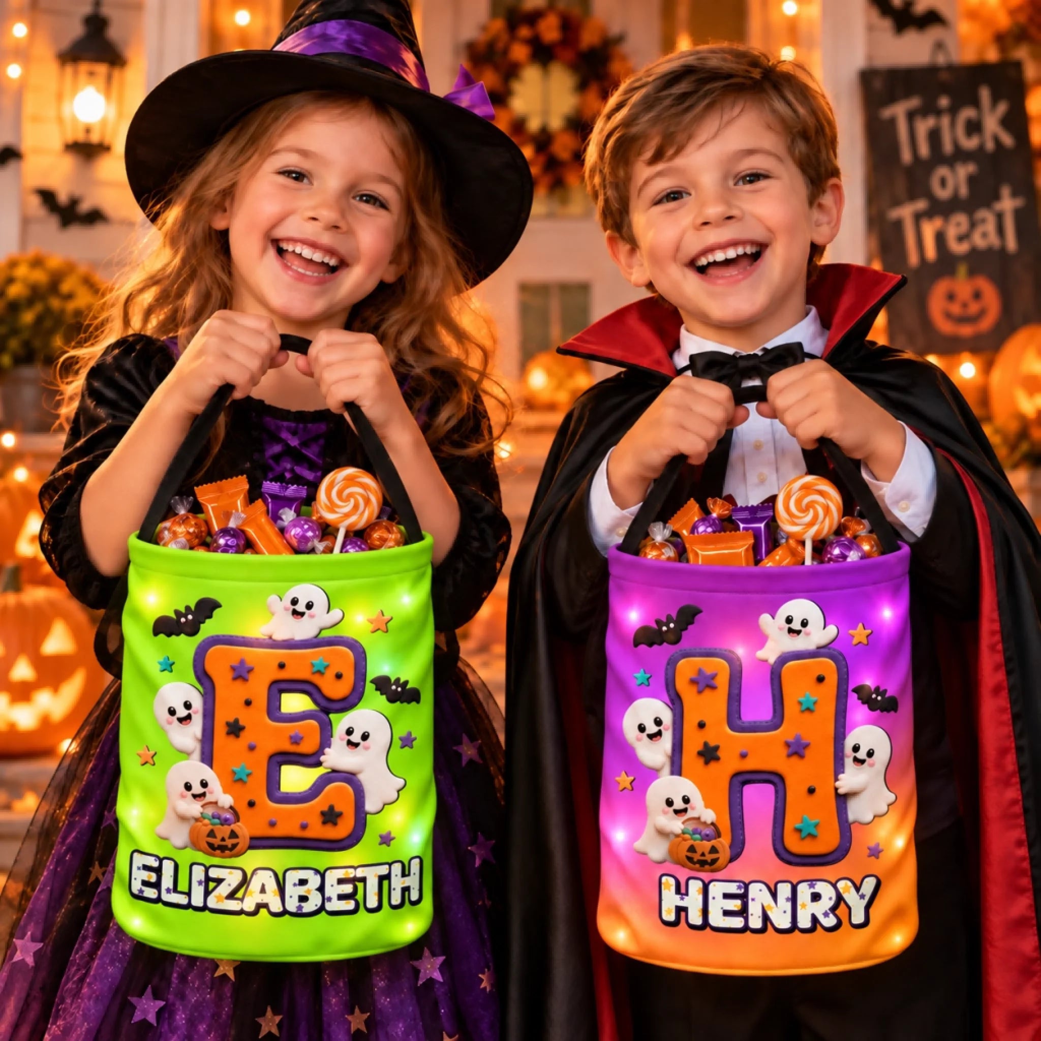 Custom LED Light Bucket Bag, Personalized Glow Halloween Trick or Treat Birthday Gift for Kids