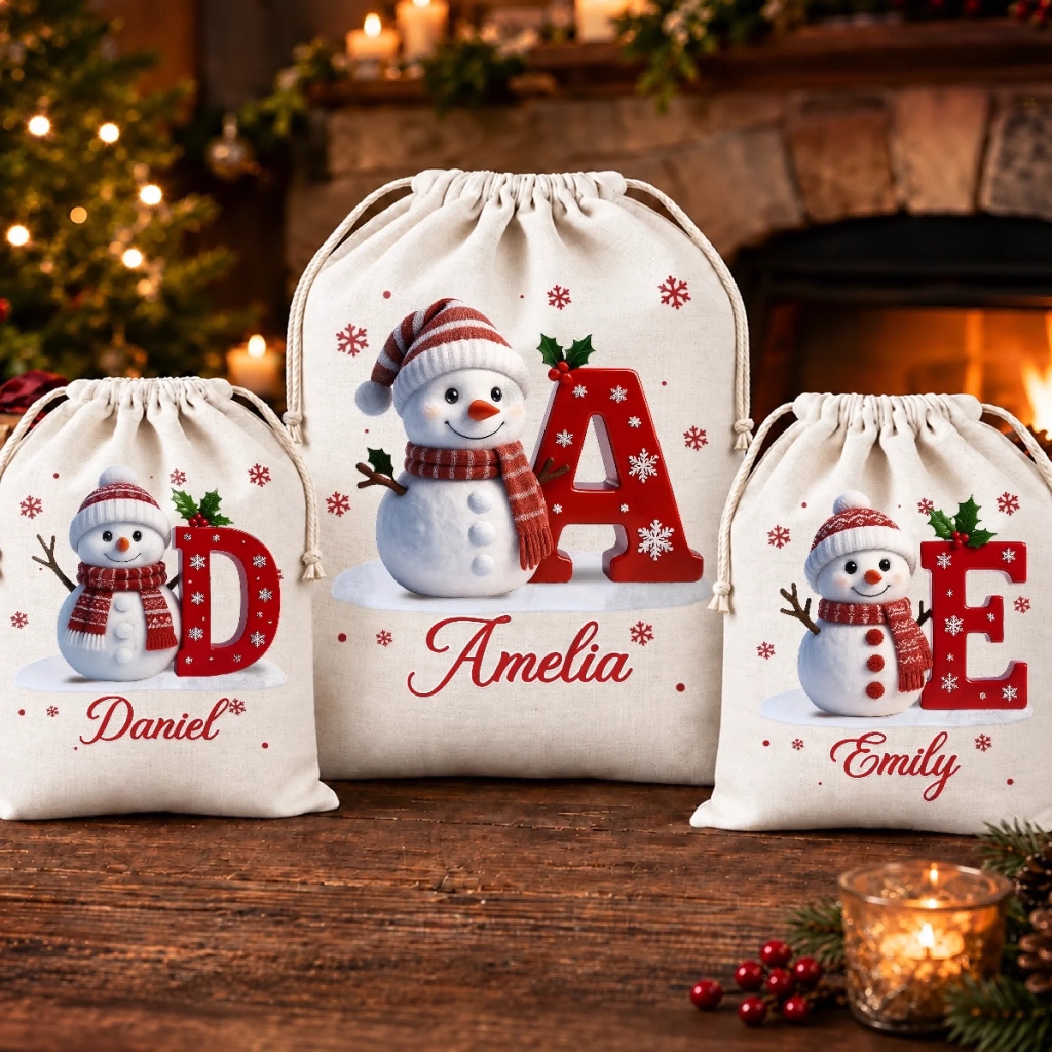 Custom Snowman Drawstring Gift Bag, Personalized Christmas or Birthday Gift Bag for Family