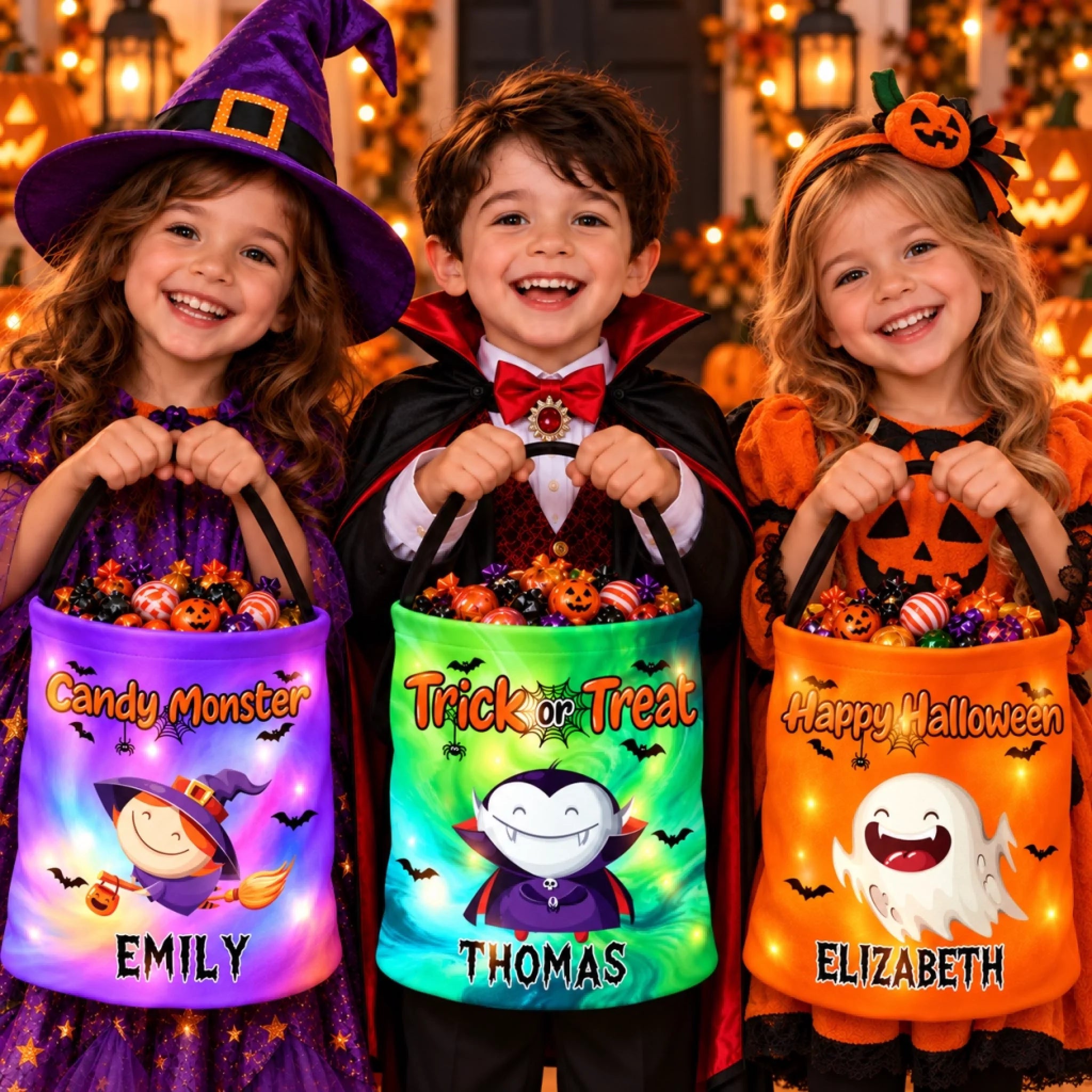 Custom Photo LED Light Bucket Bag Personalized Halloween Birthday Gift for Kids Beware of the Cute One