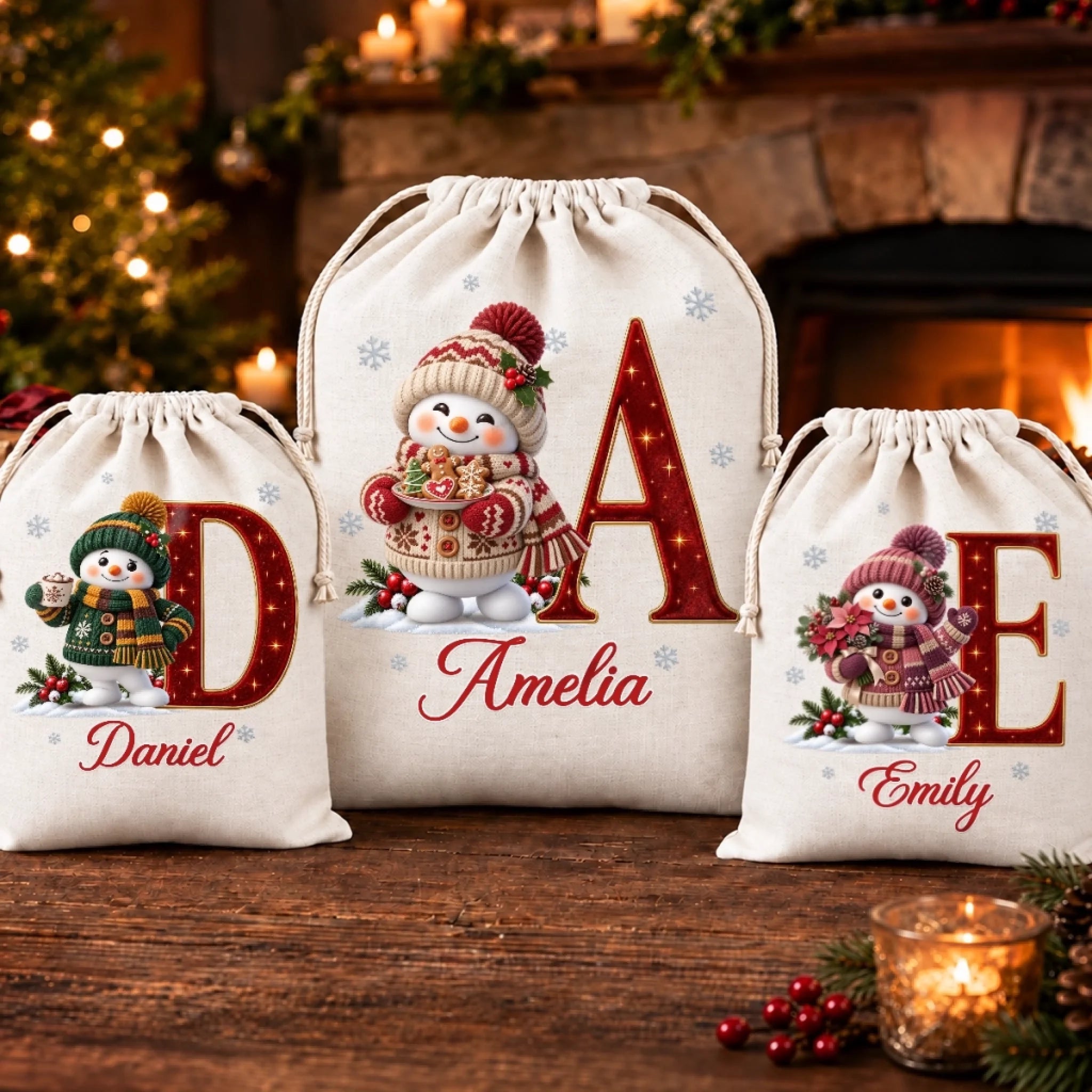 Custom Snowman Drawstring Gift Bag Personalized Christmas or Birthday Gift Bag for Family
