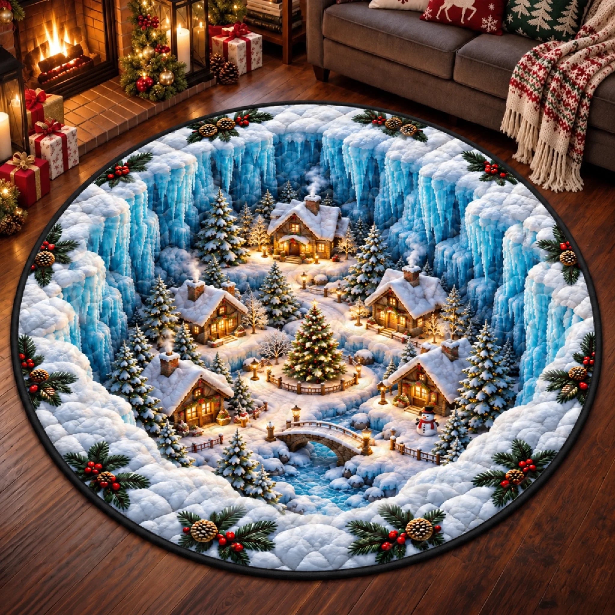 Custom Quilted Round Mat, Personalized Bright Lights On Cold Nights Gift for Mom Dad Siblings