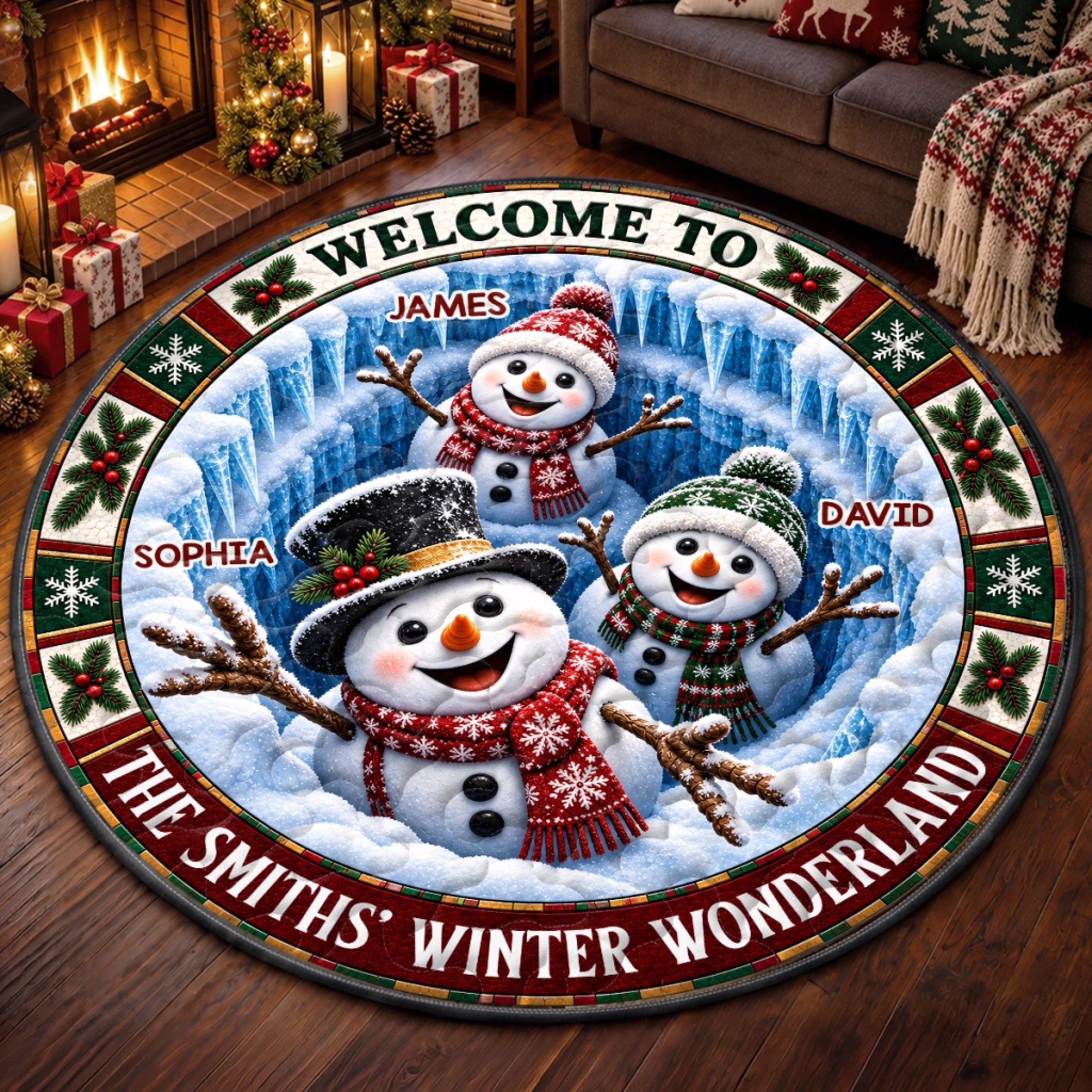 Custom Snowman Quilted Round Mat, Personalized Winter Wonderland Christmas Birthday Gift for Family