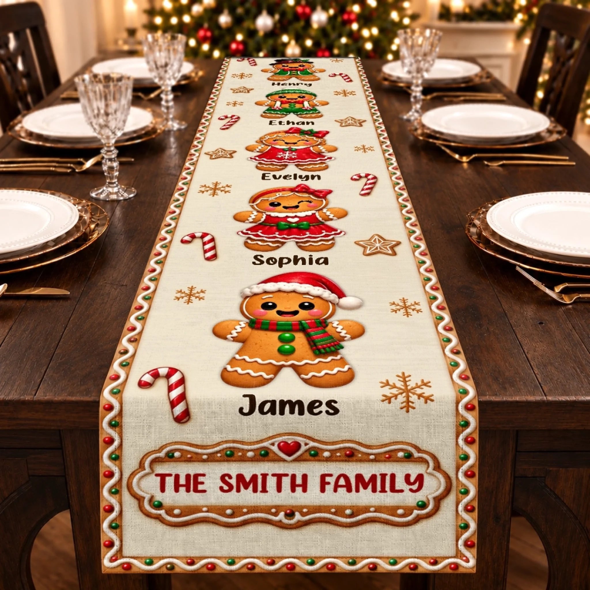 Custom Gingerbread Table Runner Personalized Christmas Gift for Family Merry Hearts Gather Here