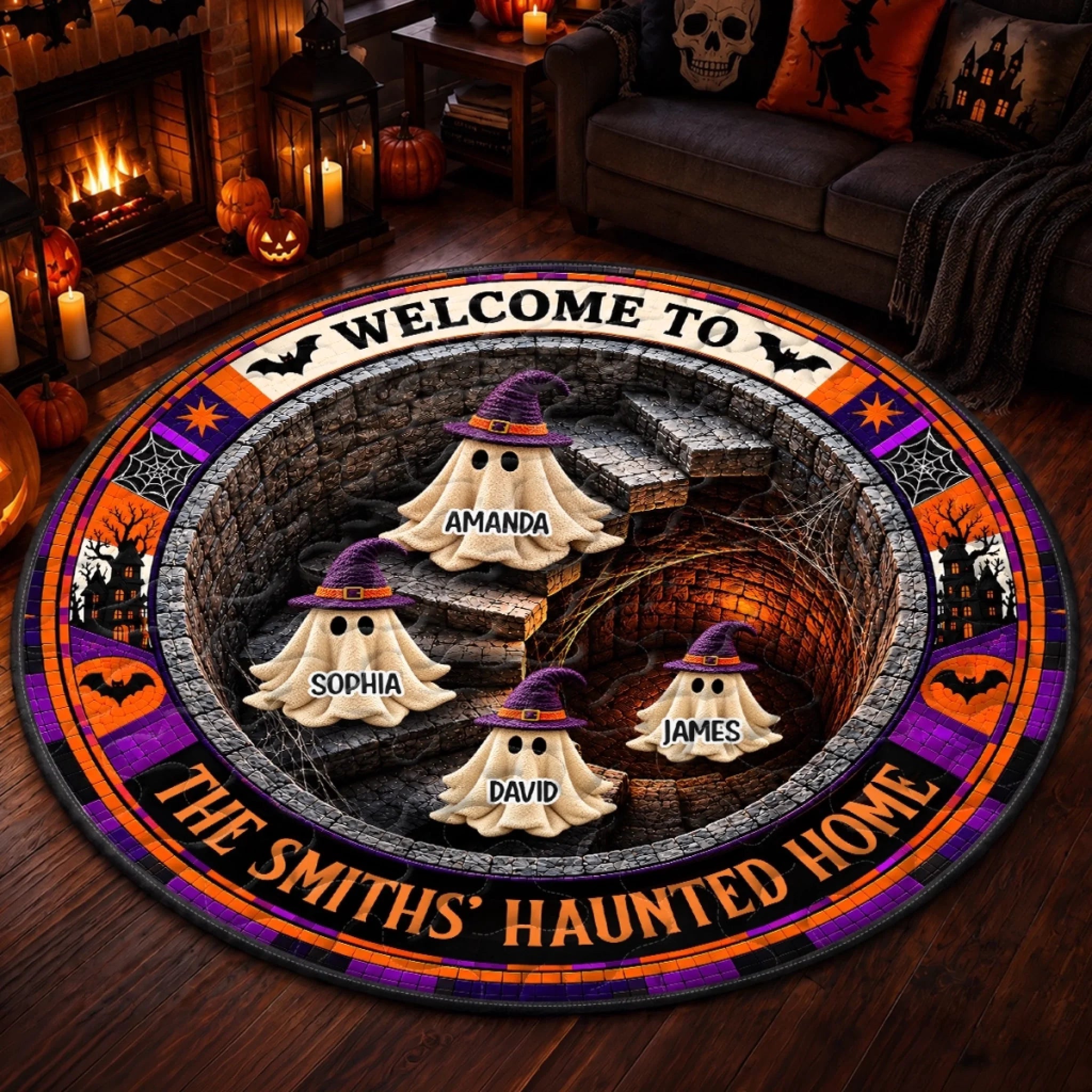 Custom Haunted Home Quilted Round Mat Personalized Halloween Decor Gift for Mom Dad and Siblings