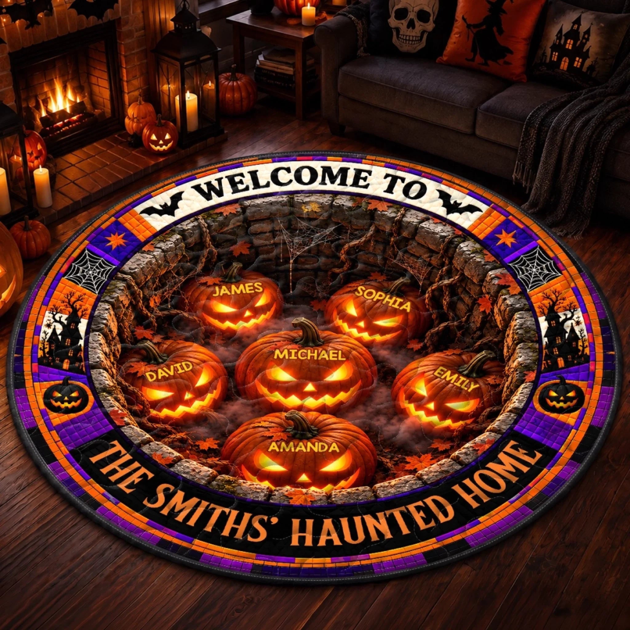 Custom Haunted Home Quilted Round Mat - Personalized Halloween Decor Gift for Mom Dad and Family