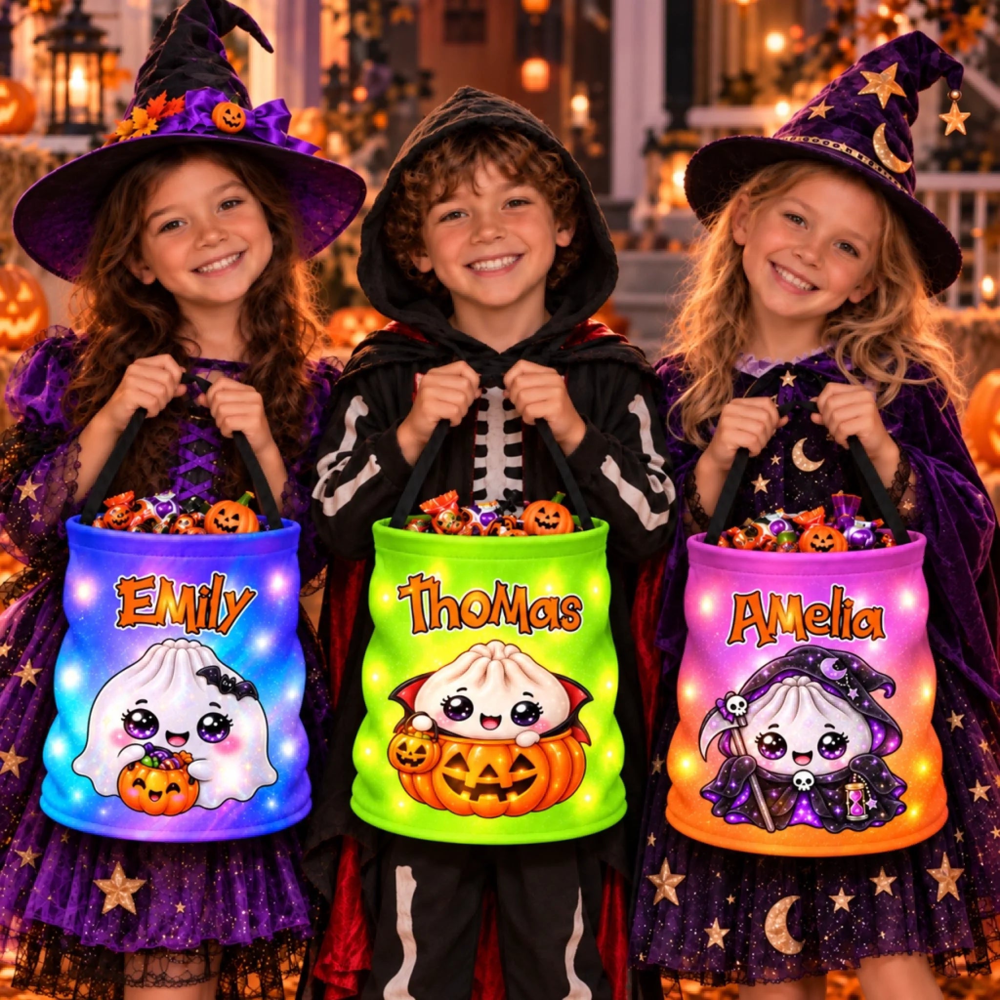 Custom Dumpling Squishy LED Light Bucket Bag, Personalized Halloween Birthday Gift for Kids