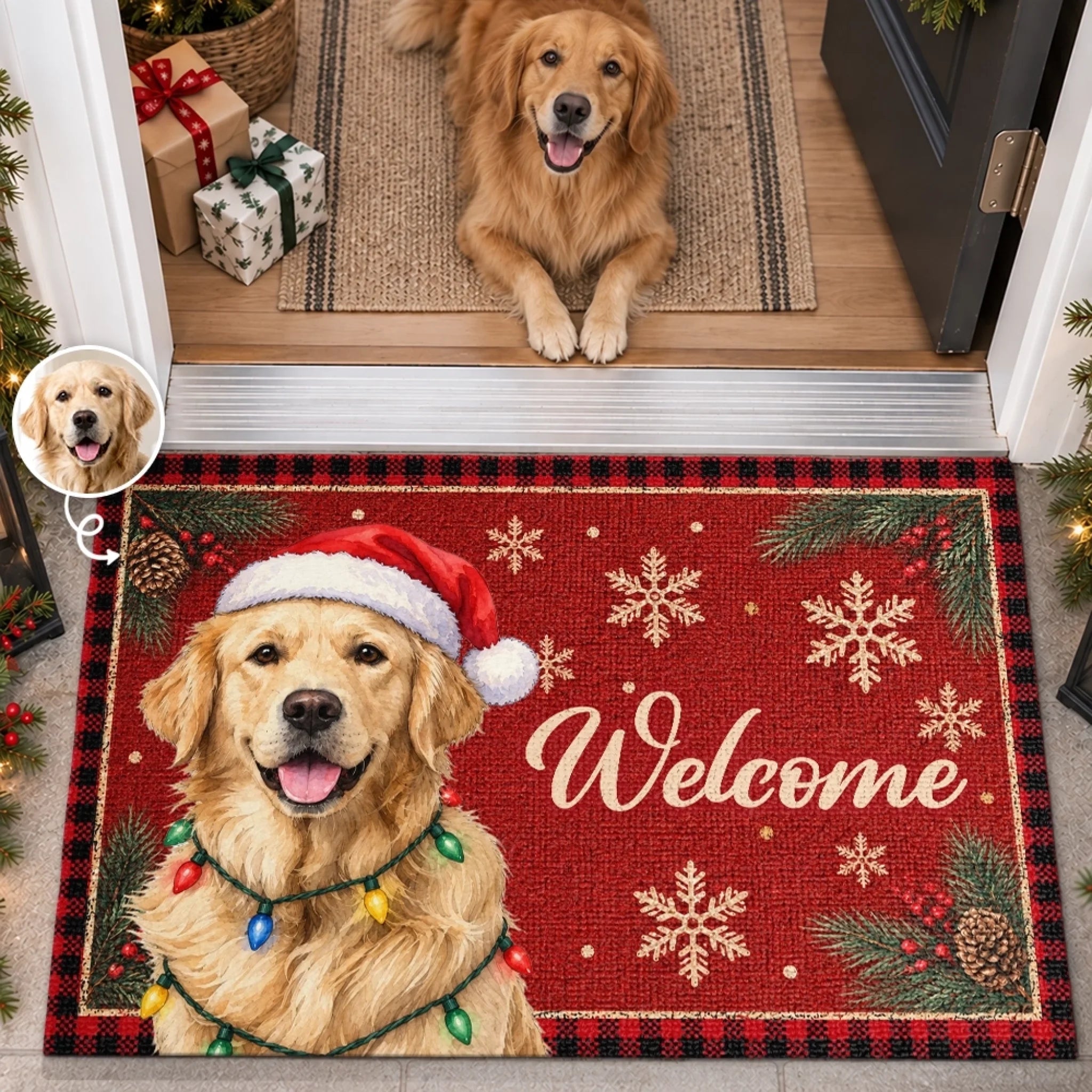 Custom Photo Doormat, Festive Paws Personalized Christmas Birthday Gift for Dog Cat Lovers
