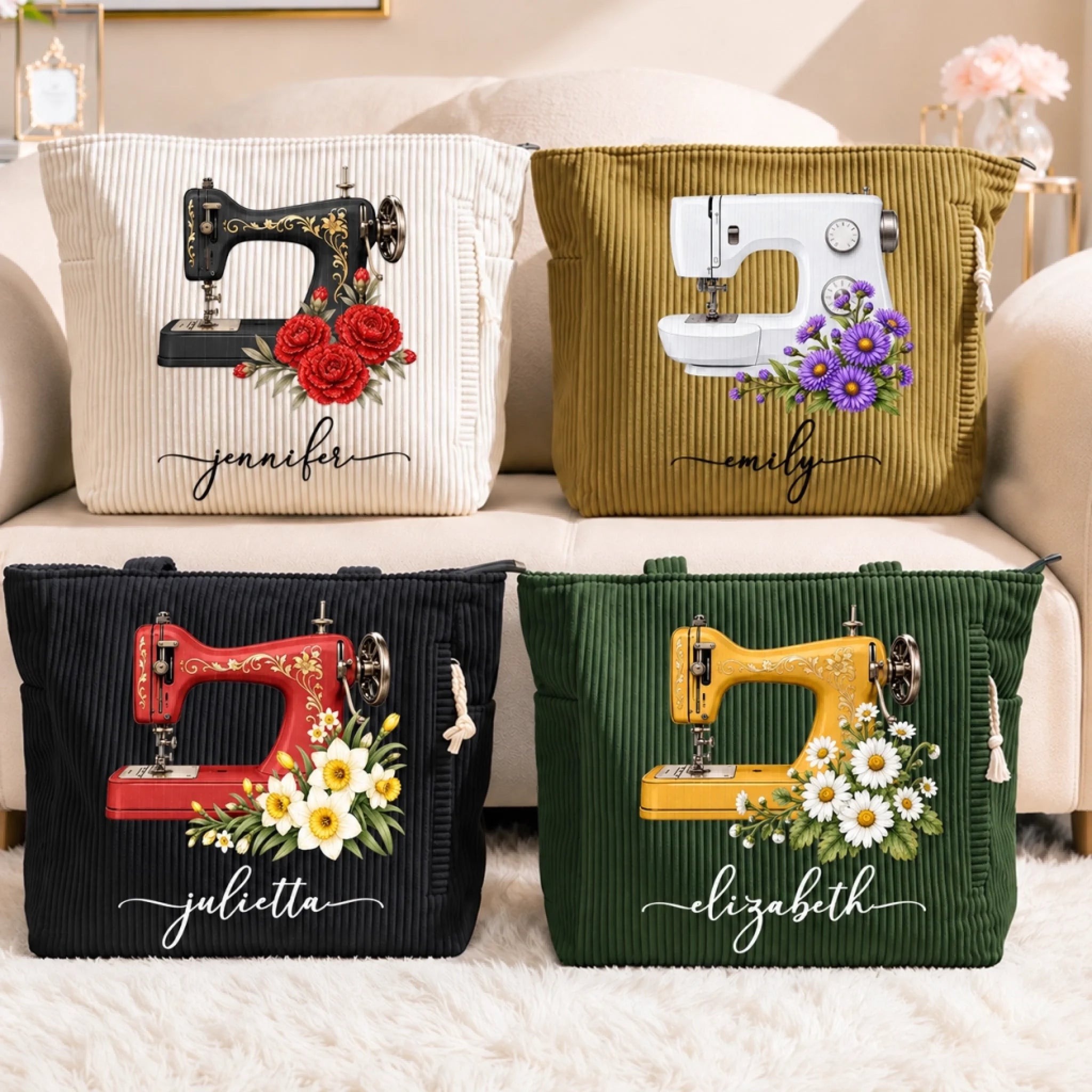 Personalized Corduroy Tote Bag, Custom Sewing Birthday Gift for Sewer or Seamstress