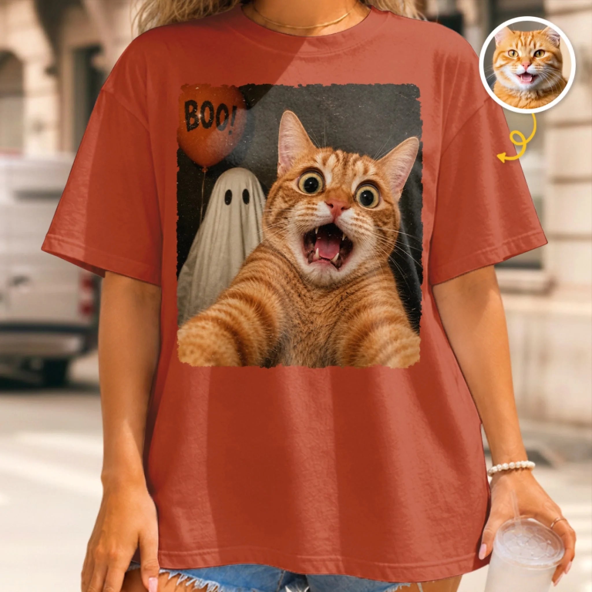 Custom Photo Funny Cat Selfie With Boo Comfort T-Shirt, Personalized Halloween Gift for Pet Lovers