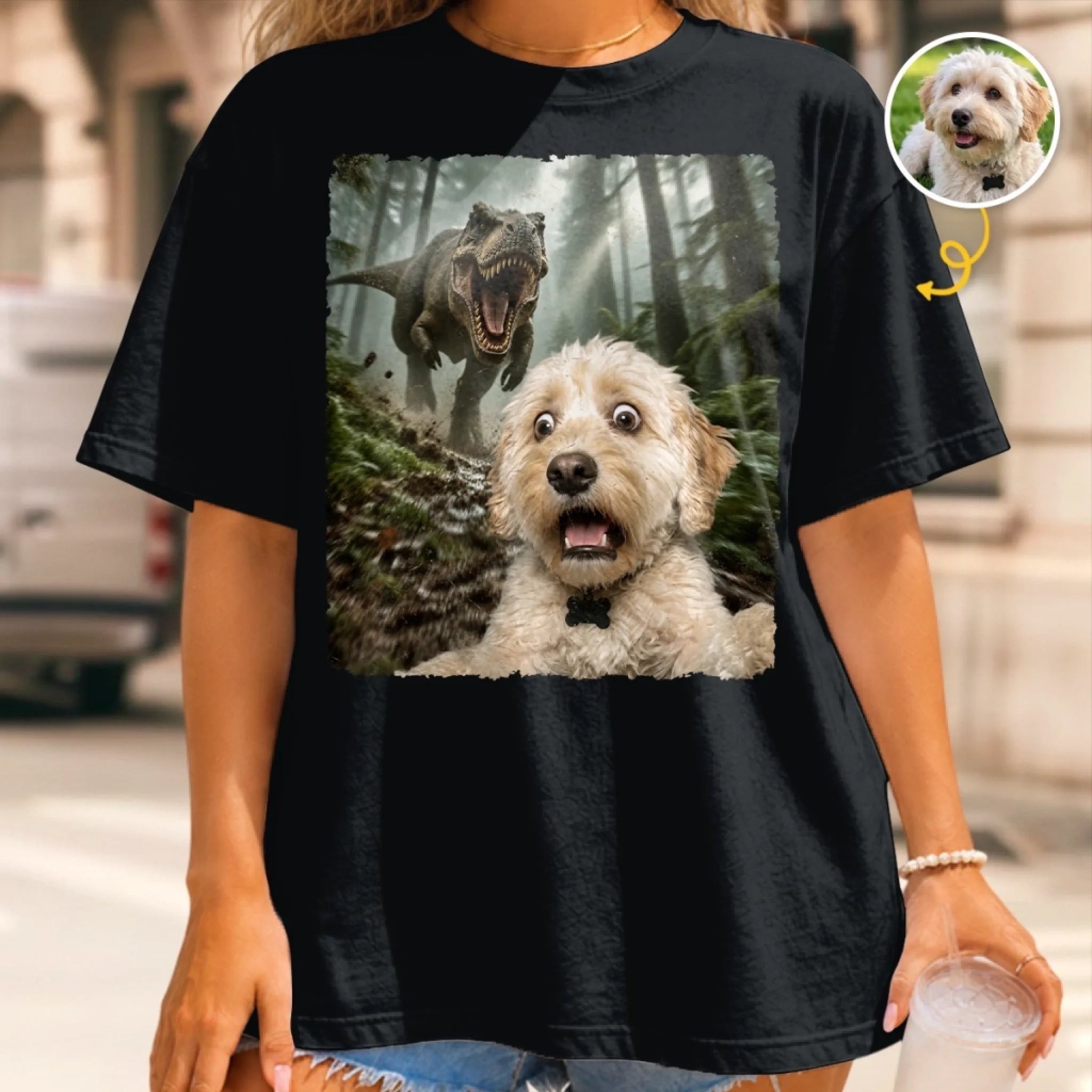 Custom Photo Funny Dog Selfie With T-Rex Dinosaur Comfort T-Shirt, Personalized Birthday Gift for Pet Lovers