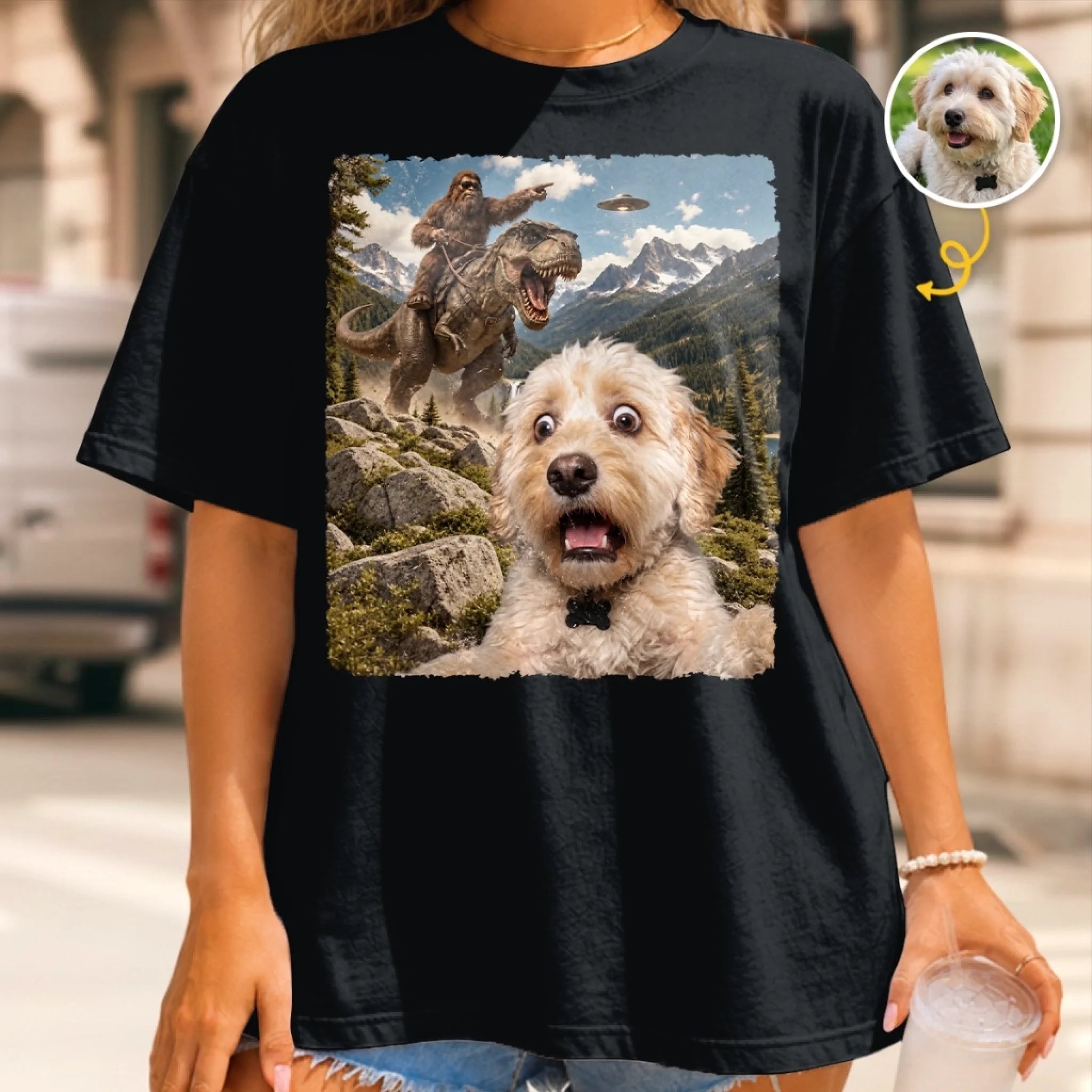 Custom Photo Funny Pet Selfie Comfort T-Shirt with Bigfoot T-Rex UFO, Birthday Gift for Dog Cat Lovers