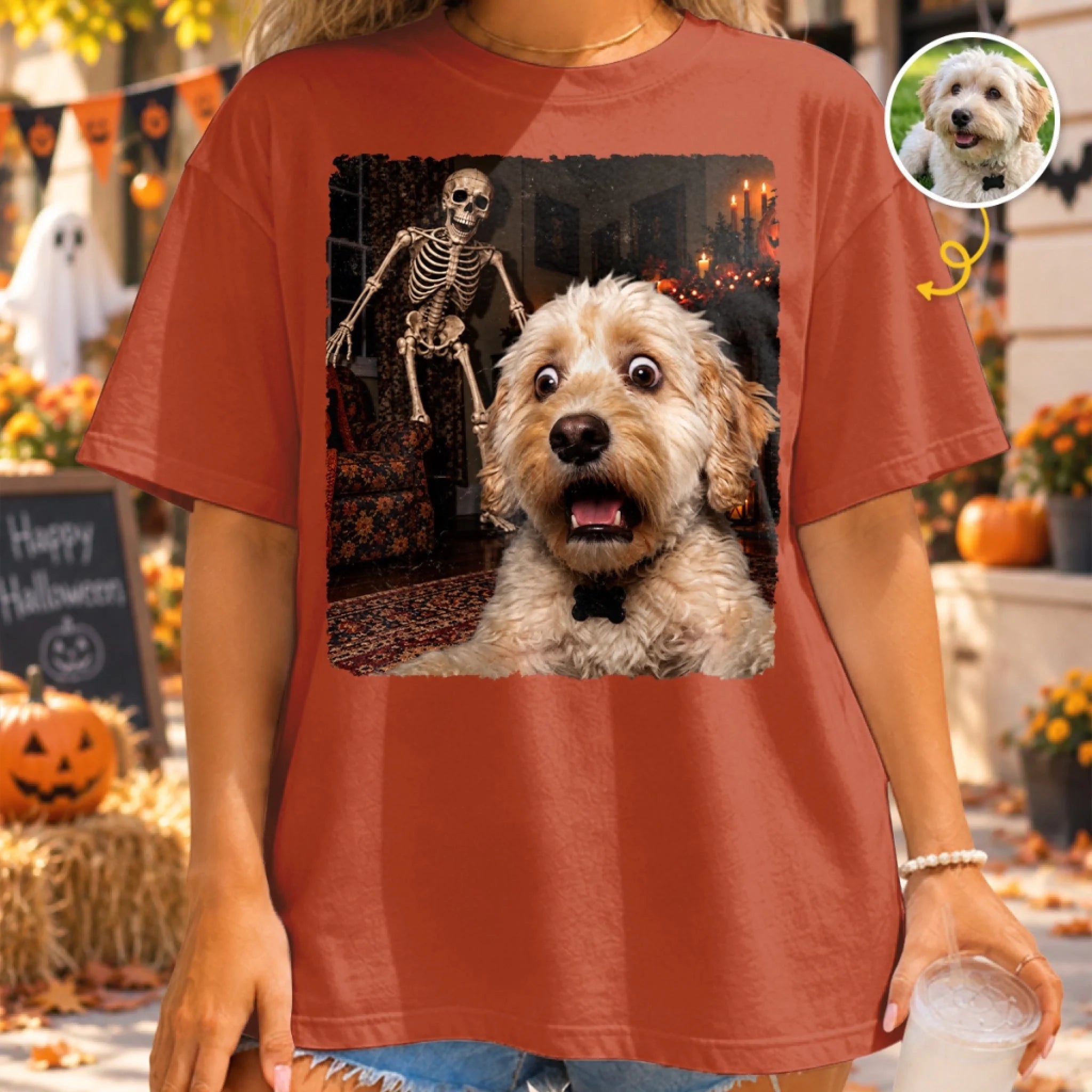 Personalized Funny Dog Selfie Skeleton Comfort T-Shirt, Custom Photo Halloween Gift for Pet Lovers