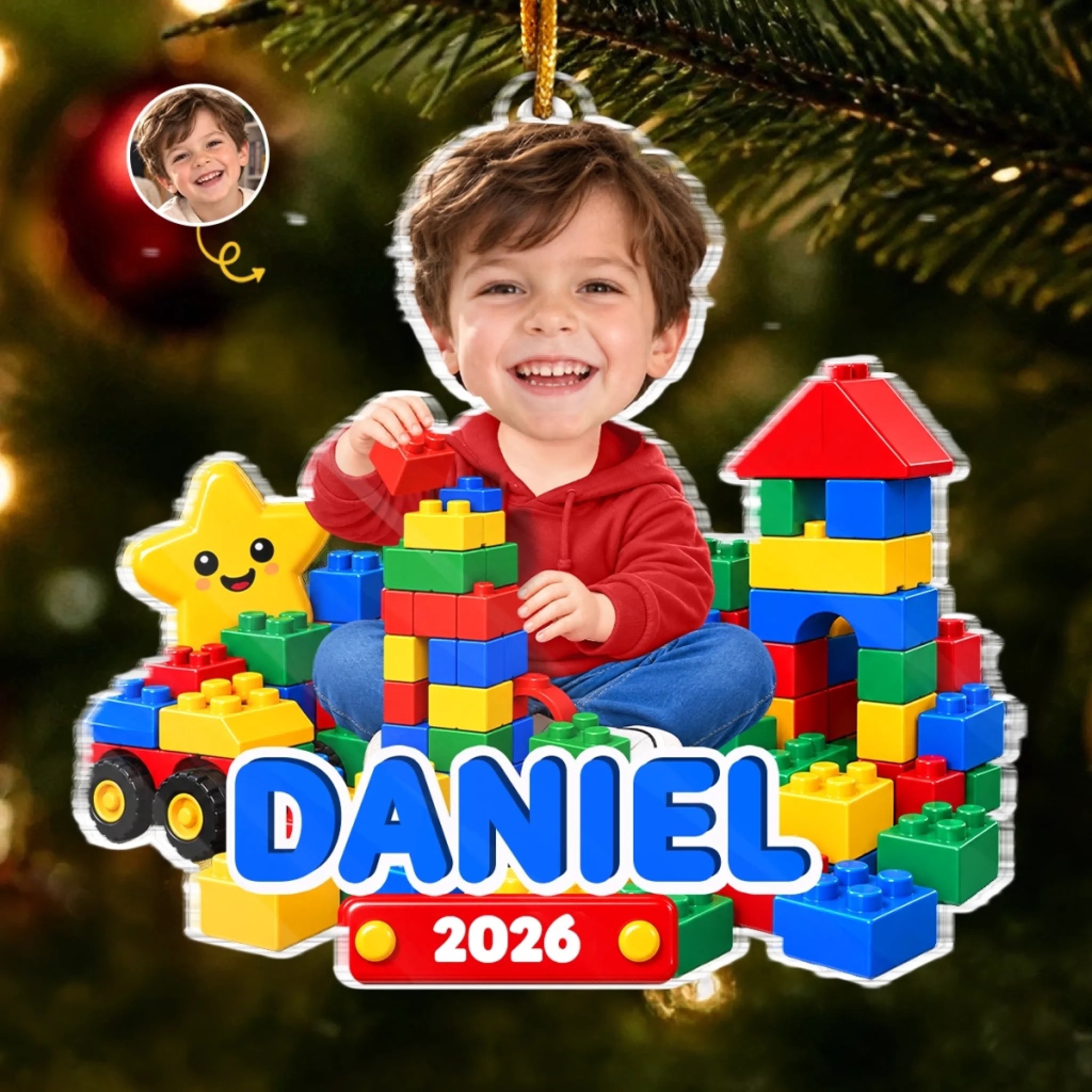 Custom Photo Building Block Acrylic Ornament, Personalized Christmas or Birthday Gift for Kids