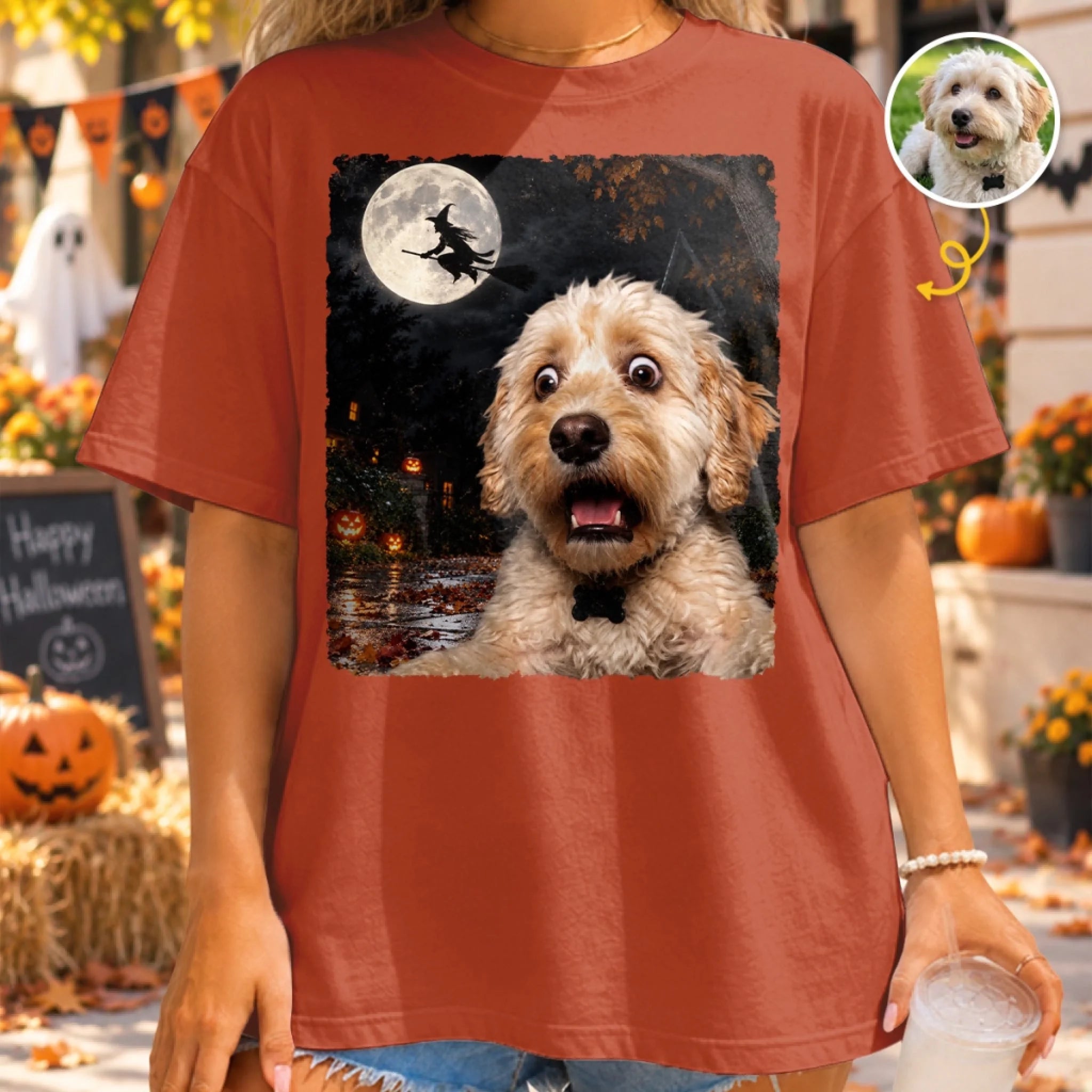 Custom Photo Funny Dog Selfie Witch Comfort T-Shirt, Personalized Halloween Gift for Dog and Cat Lovers