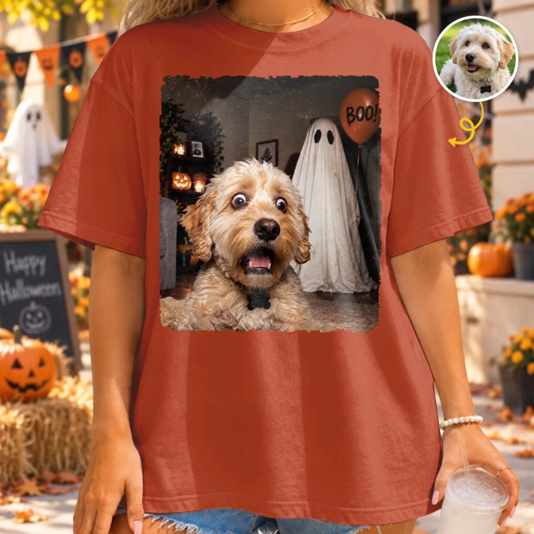 Custom Photo Funny Dog Selfie Boo Comfort T-Shirt, Personalized Halloween Gift for Pet Lovers
