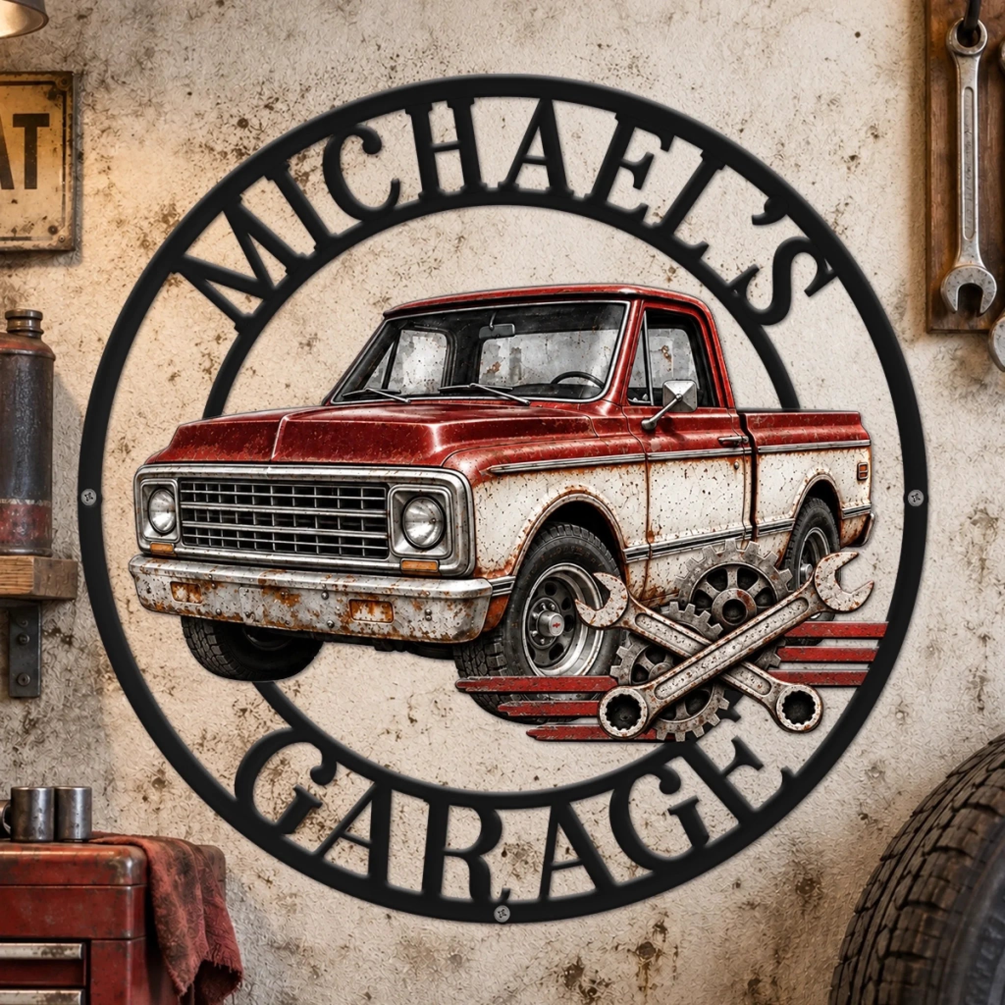 Custom Photo Garage Mechanic Shaped Metal Sign, Personalized Garage Gift for Husband, Dad, Son or Grandpa
