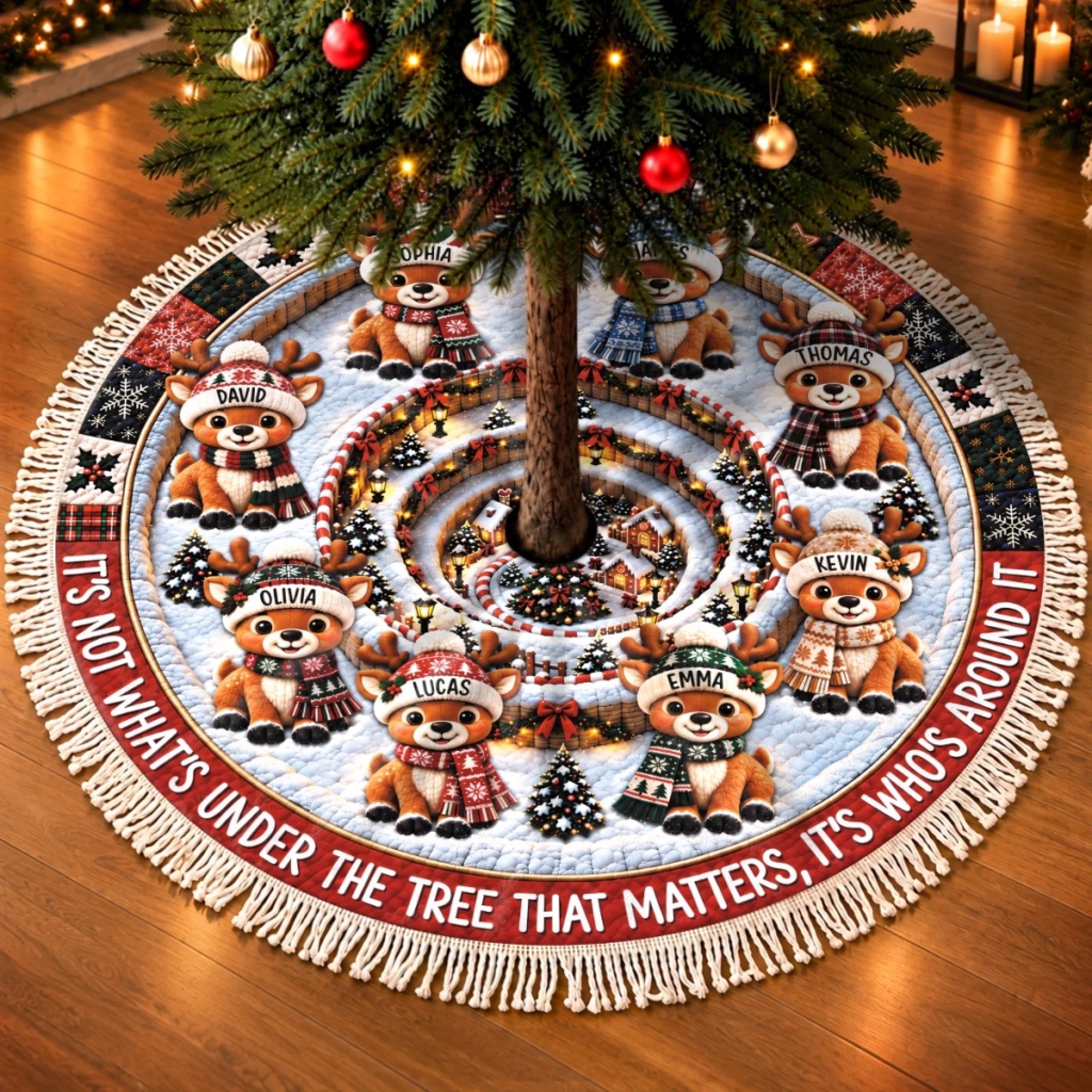 Custom Reindeer Tree Skirt Personalized Christmas Gift for Mom Dad Brother Sister Family Decor