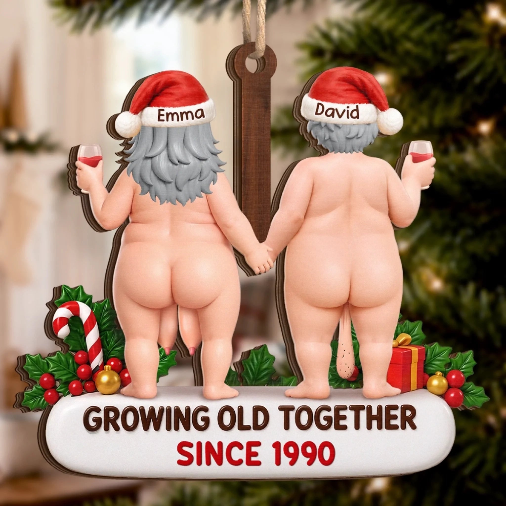 Custom Funny Wooden Ornament Personalized Growing Old Together Gift for Anniversary Wedding or Christmas
