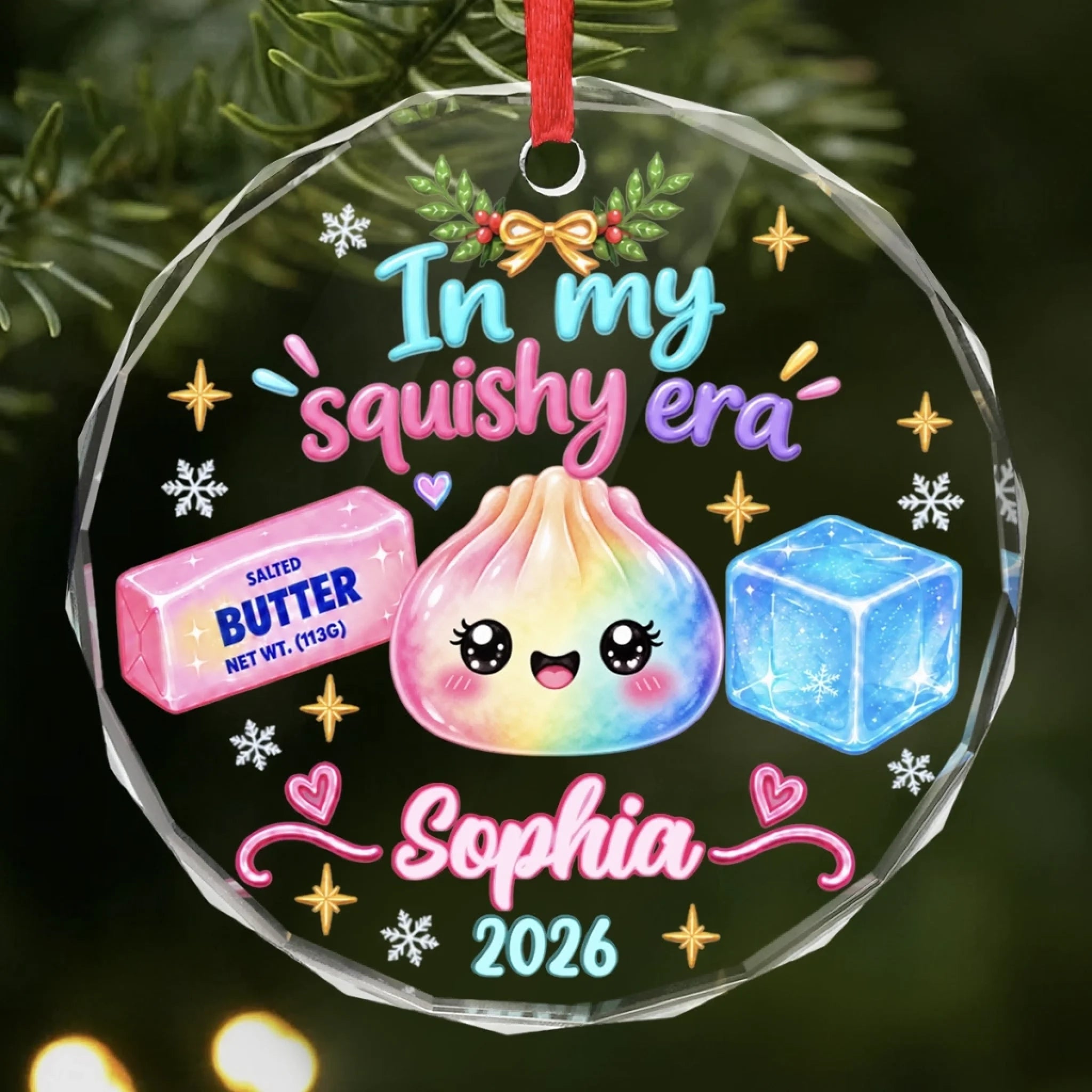Custom Squishy Circle Glass Ornament, Personalized In My Squishy Era Christmas or Birthday Gift for Kids