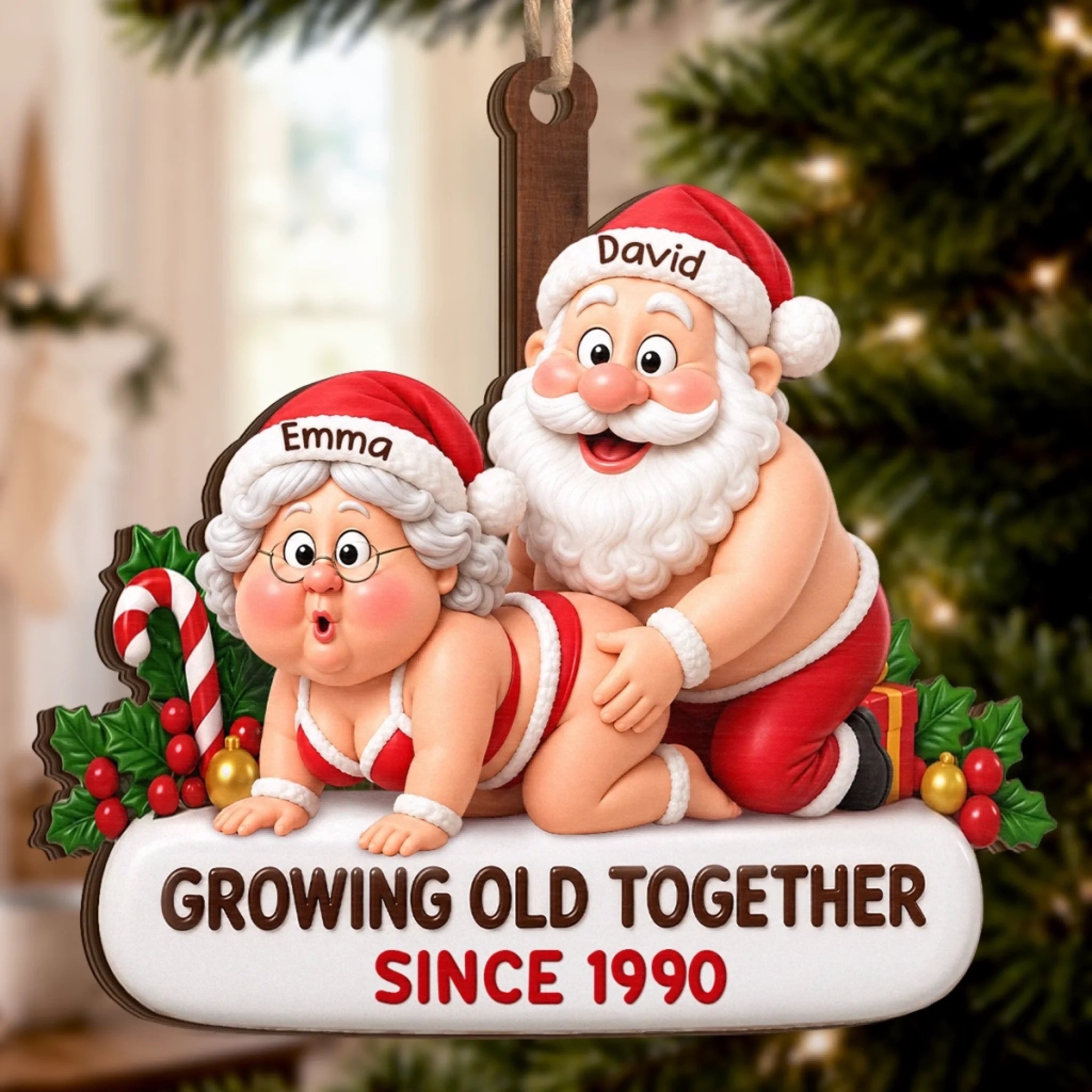 Custom Funny Wooden Ornament Personalized Santa Couple Anniversary Christmas Wedding Gift for Husband and Wife
